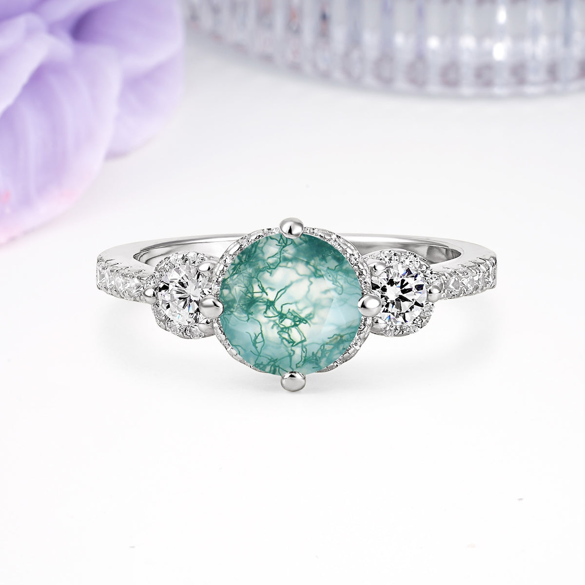 Luxurious and Dazzling 4 Prong Round Cut Moss Agate Engagement Ring - Additional view