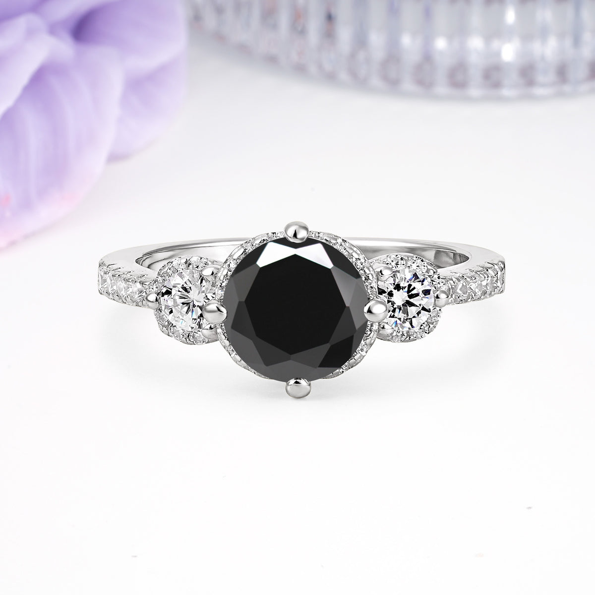 Luxurious and Dazzling 4 Prong Round Cut Black Onyx Engagement Ring - Additional view