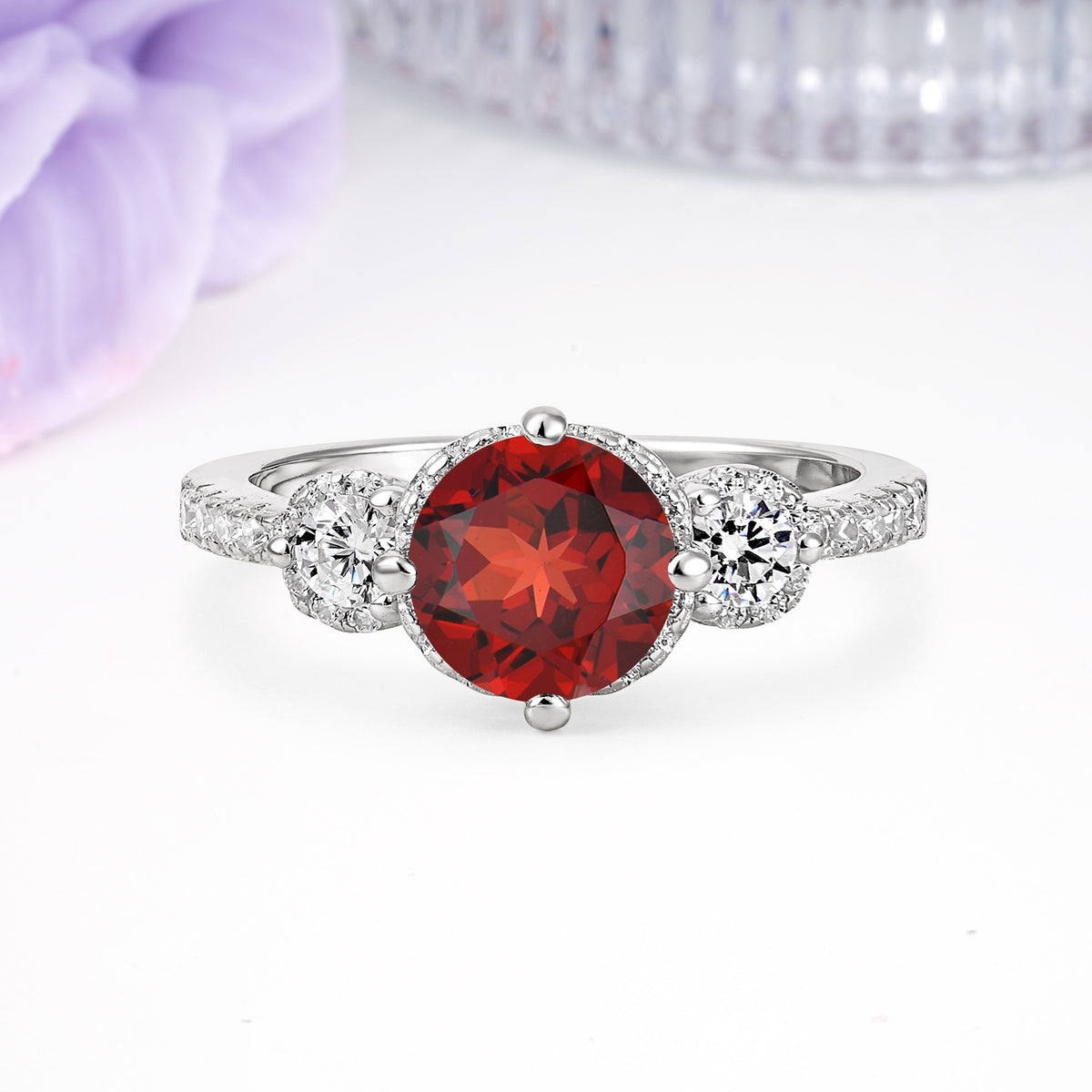 Luxurious and Dazzling 4 Prong Round Cut Garnet Engagement Ring - Additional view