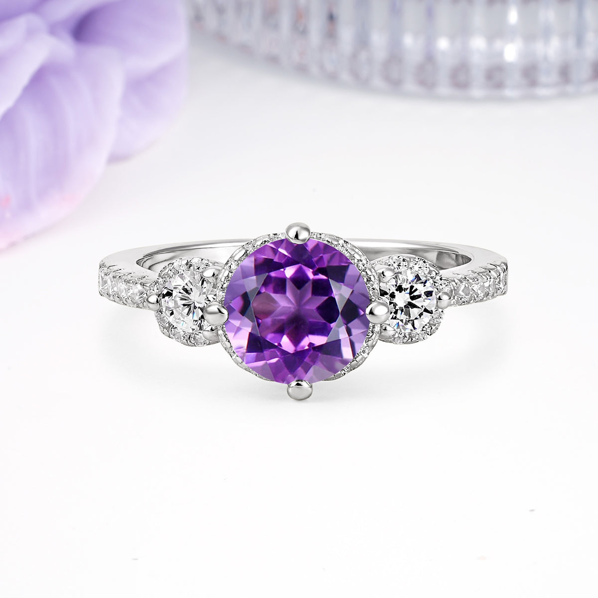 Luxurious and Dazzling 4 Prong Round Cut Amethyst Engagement Ring - Additional view