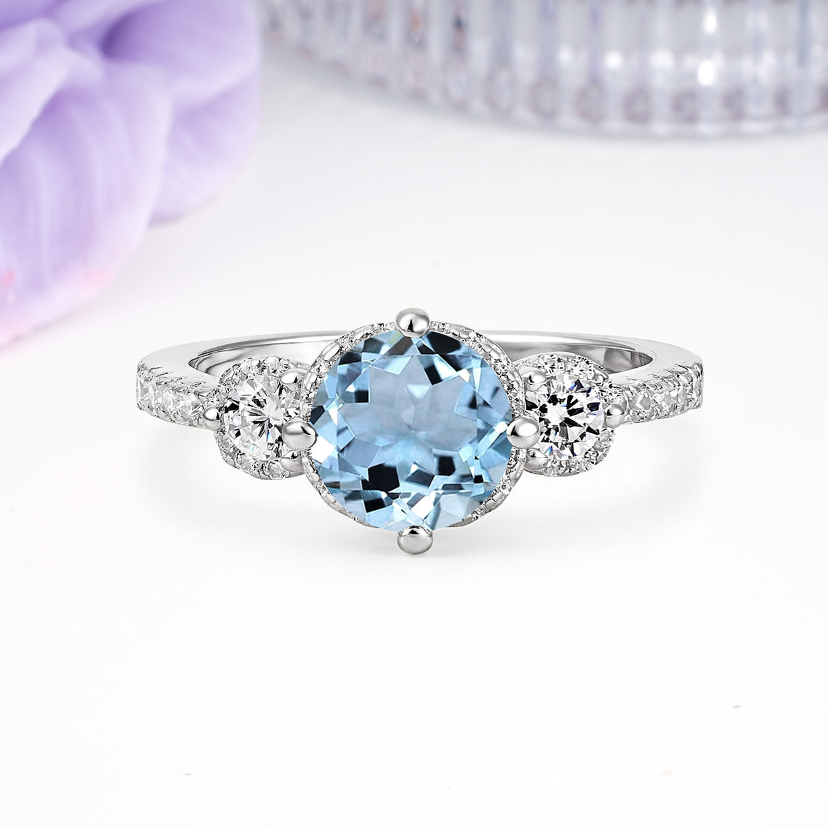 Luxurious and Dazzling 4 Prong Round Cut Aquamarine Engagement Ring - Additional view