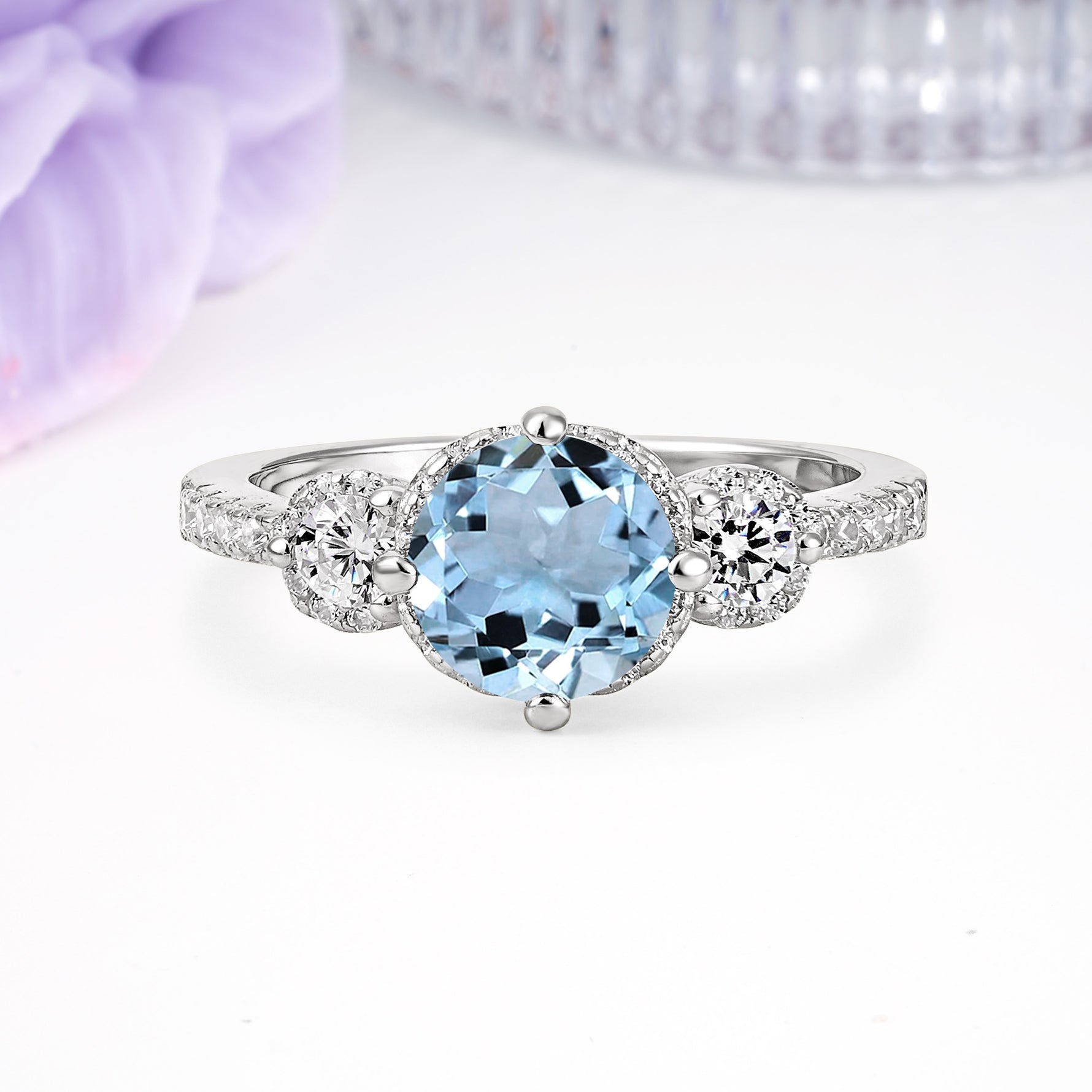 Luxurious and Dazzling 4 Prong Round Cut Aquamarine Engagement Ring - Additional view