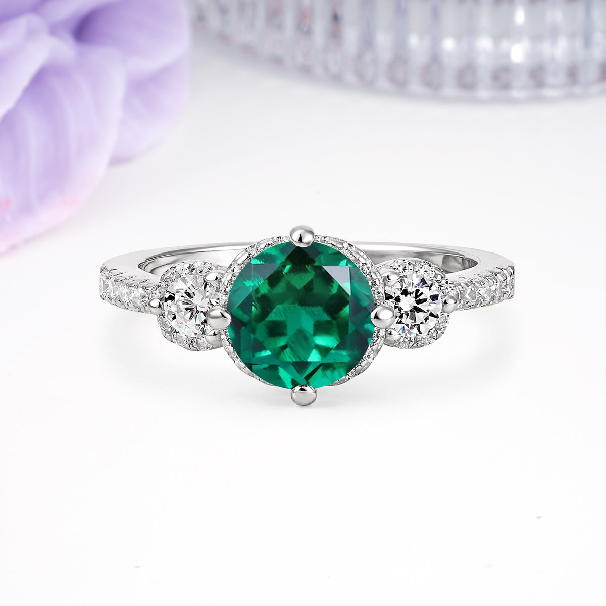 Luxurious and Dazzling 4 Prong Round Cut Emerald Engagement Ring - Additional view