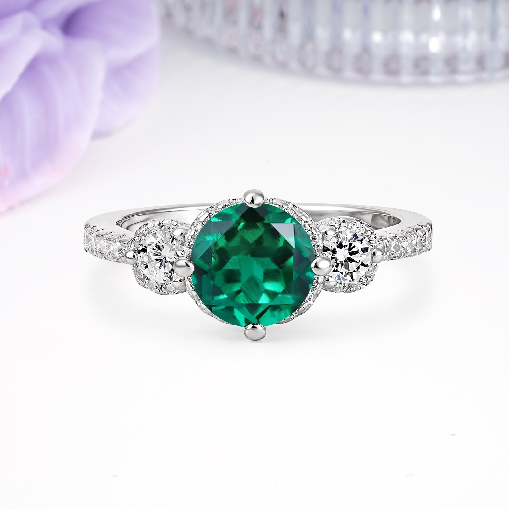 Luxurious and Dazzling 4 Prong Round Cut Emerald Engagement Ring - Additional view