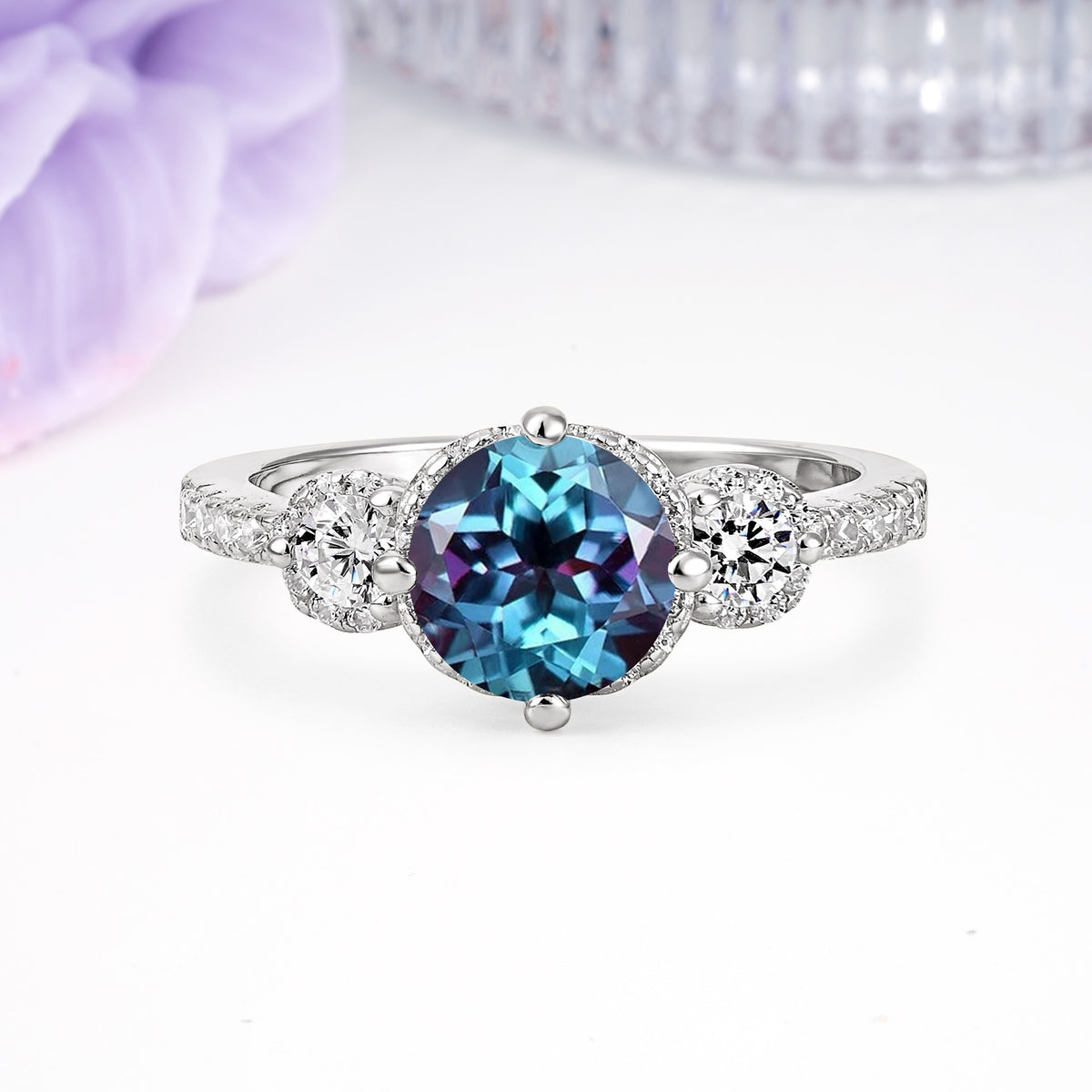 Luxurious and Dazzling 4 Prong Round Cut Alexandrite Engagement Ring - Additional view