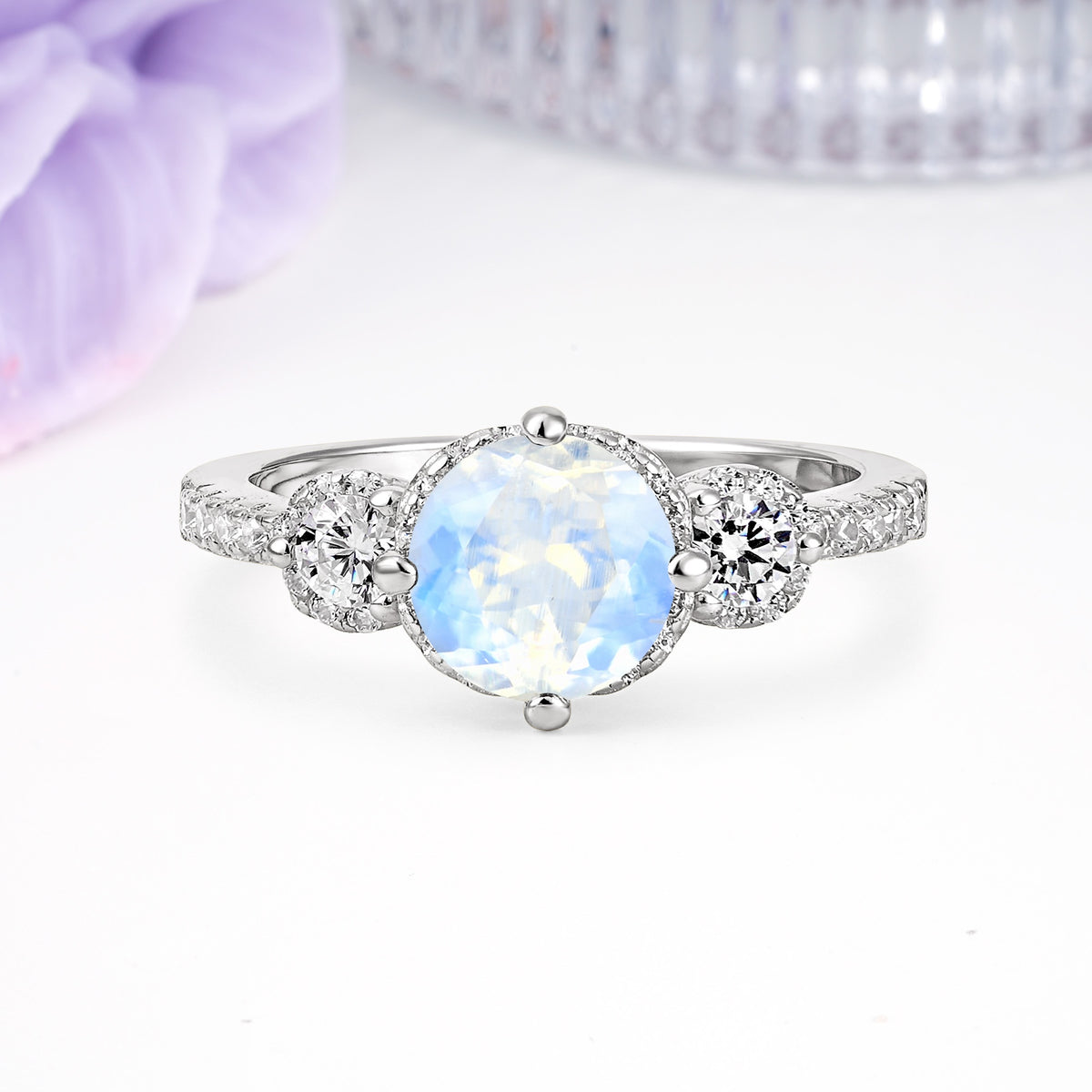 Luxurious and Dazzling 4 Prong Round Cut Moonstone Engagement Ring - Additional view