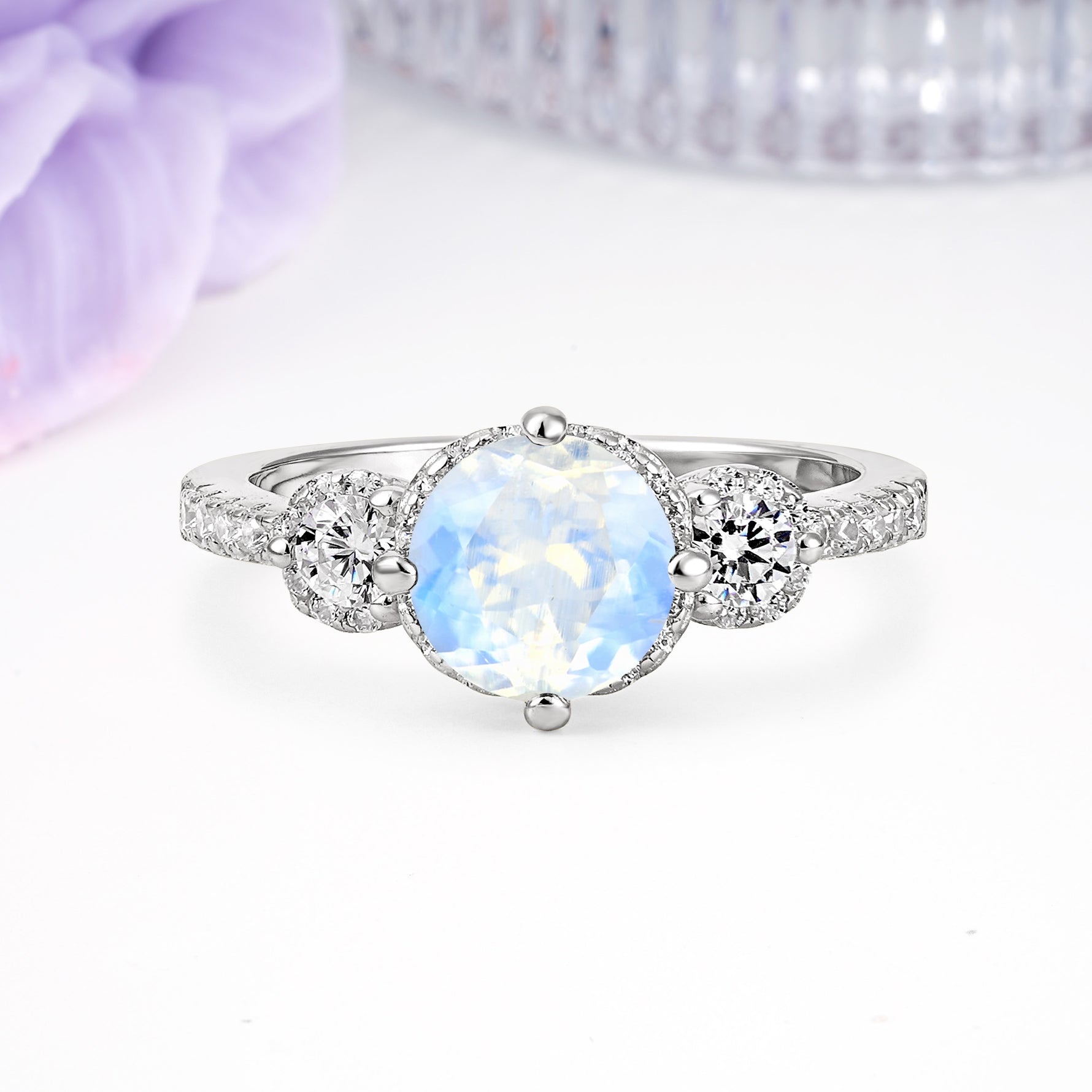 Luxurious and Dazzling 4 Prong Round Cut Moonstone Engagement Ring - Additional view
