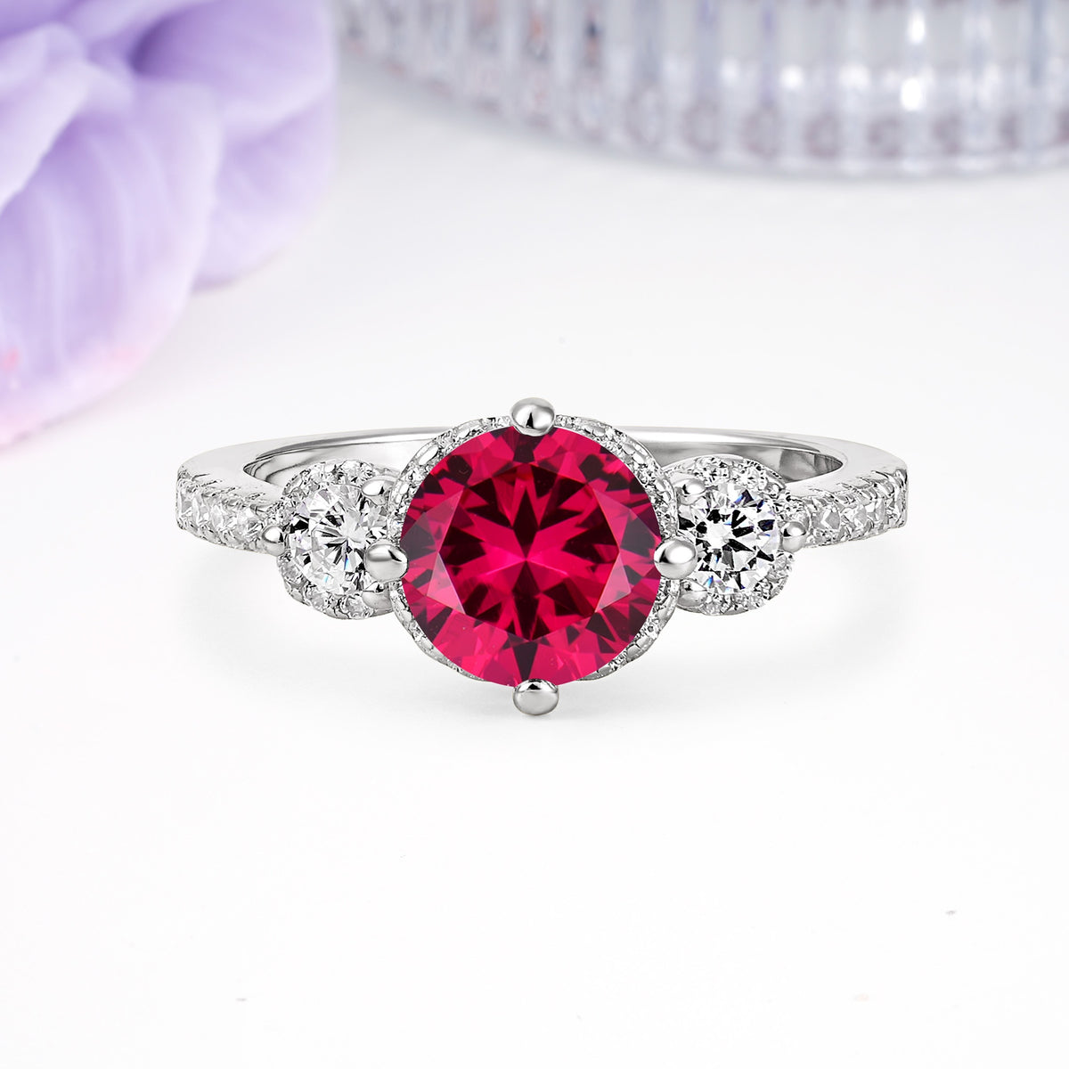 Luxurious and Dazzling 4 Prong Round Cut Ruby Engagement Ring - Additional view