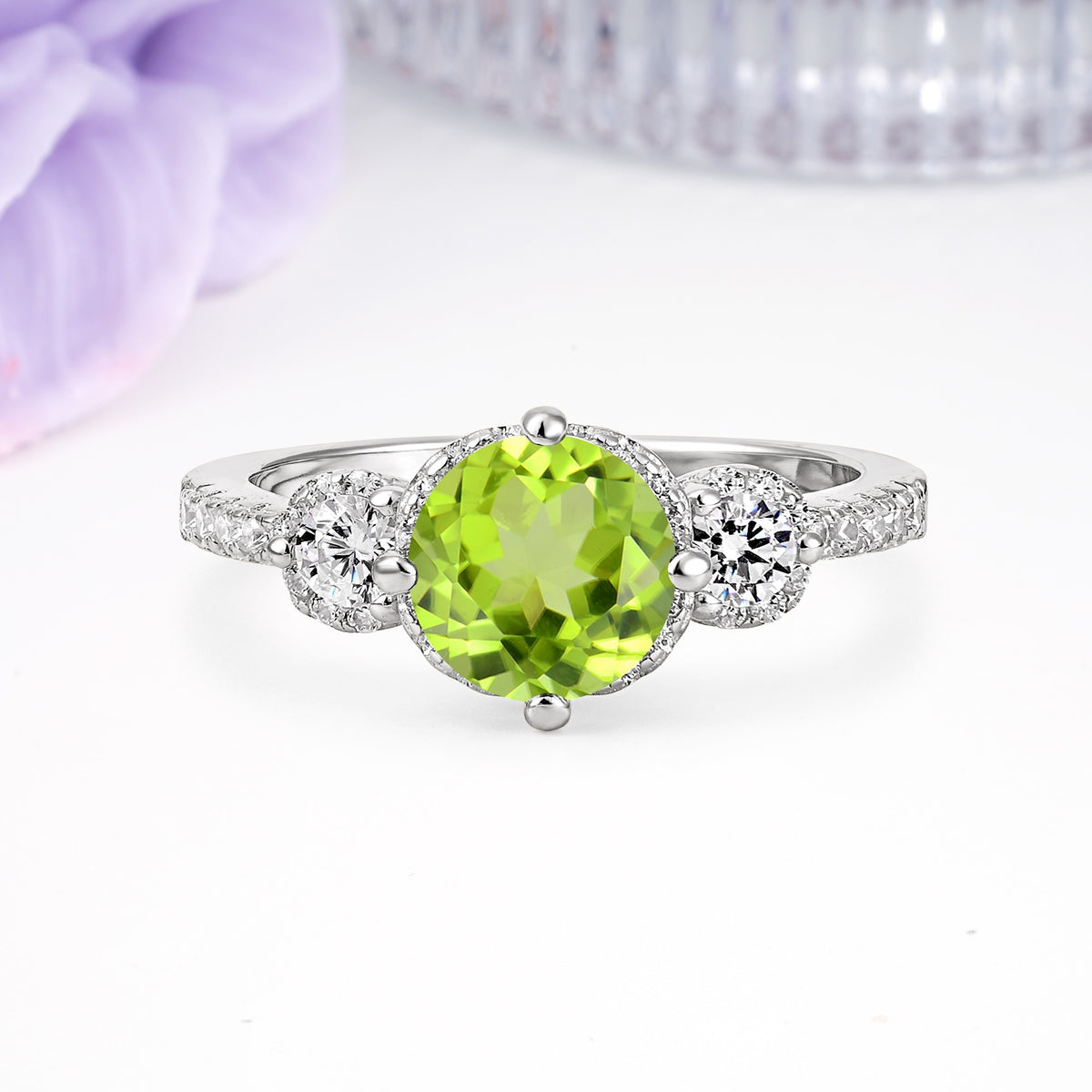 Luxurious and Dazzling 4 Prong Round Cut Peridot Engagement Ring - Additional view
