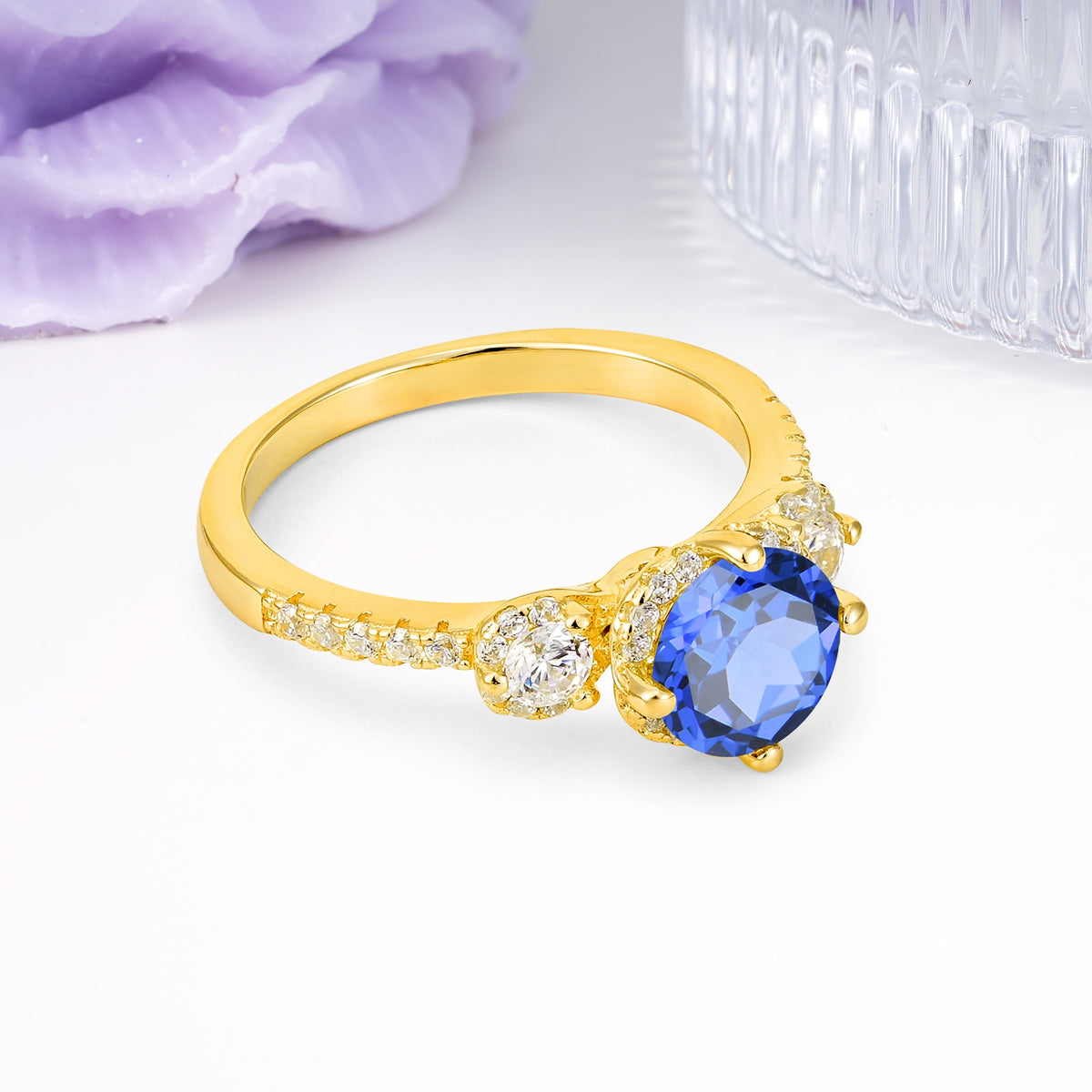 Luxurious and Dazzling 4 Prong Round Cut Sapphire Engagement Ring - Additional view