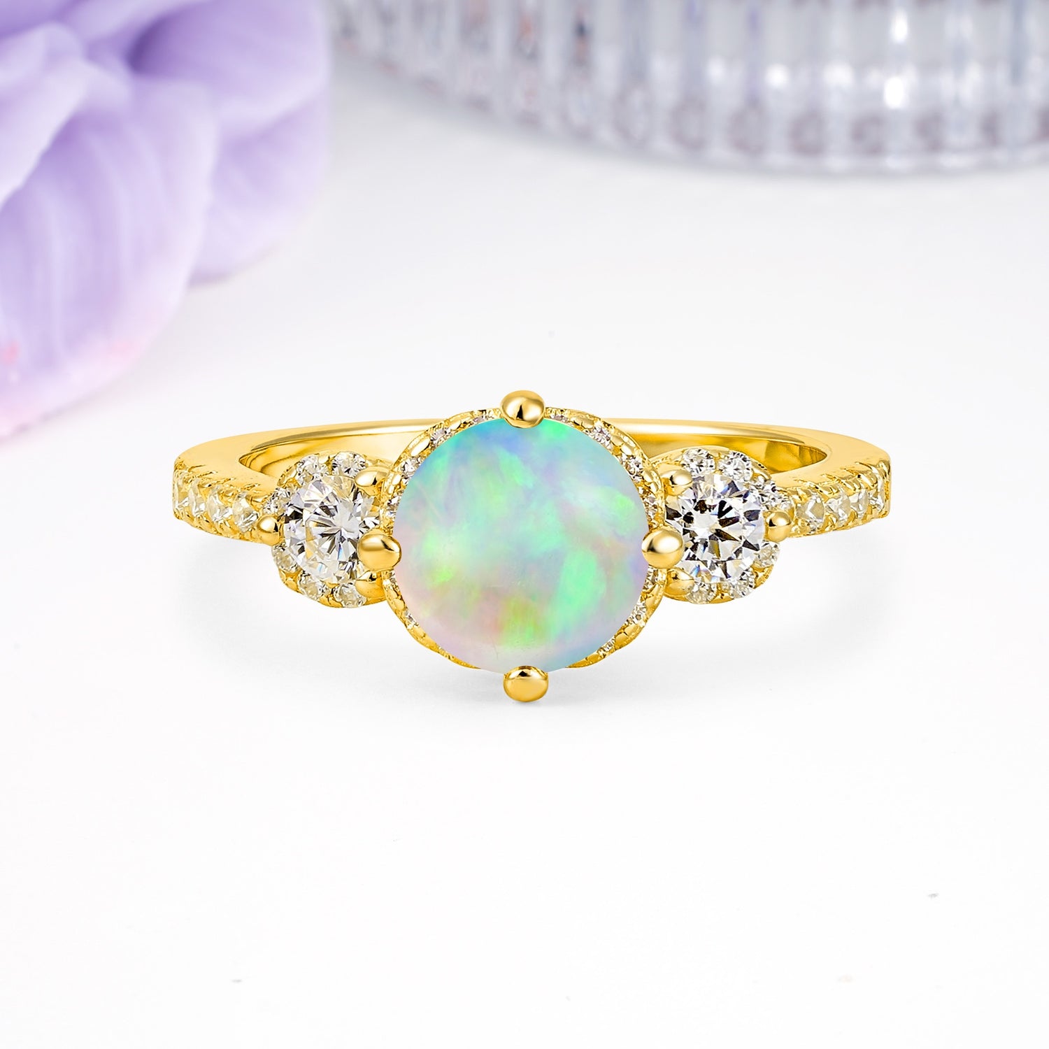 Luxurious and Dazzling 4 Prong Round Cut Fire Opal Engagement Ring - Additional view