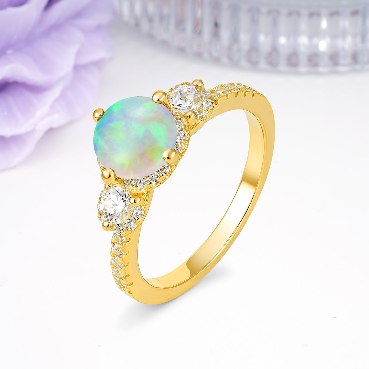 Luxurious and Dazzling 4 Prong Round Cut Fire Opal Engagement Ring - Additional view