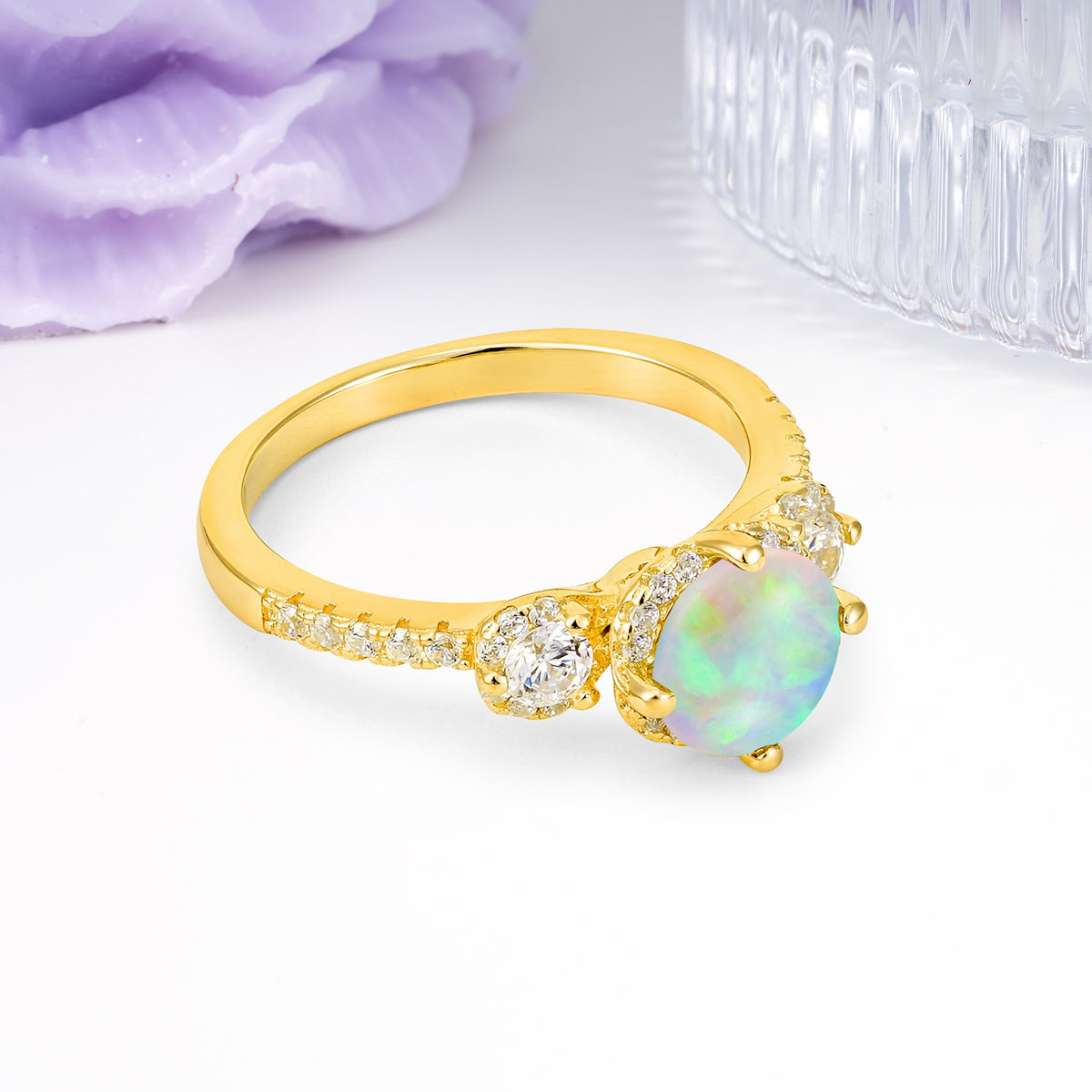 Luxurious and Dazzling 4 Prong Round Cut Fire Opal Engagement Ring - Additional view