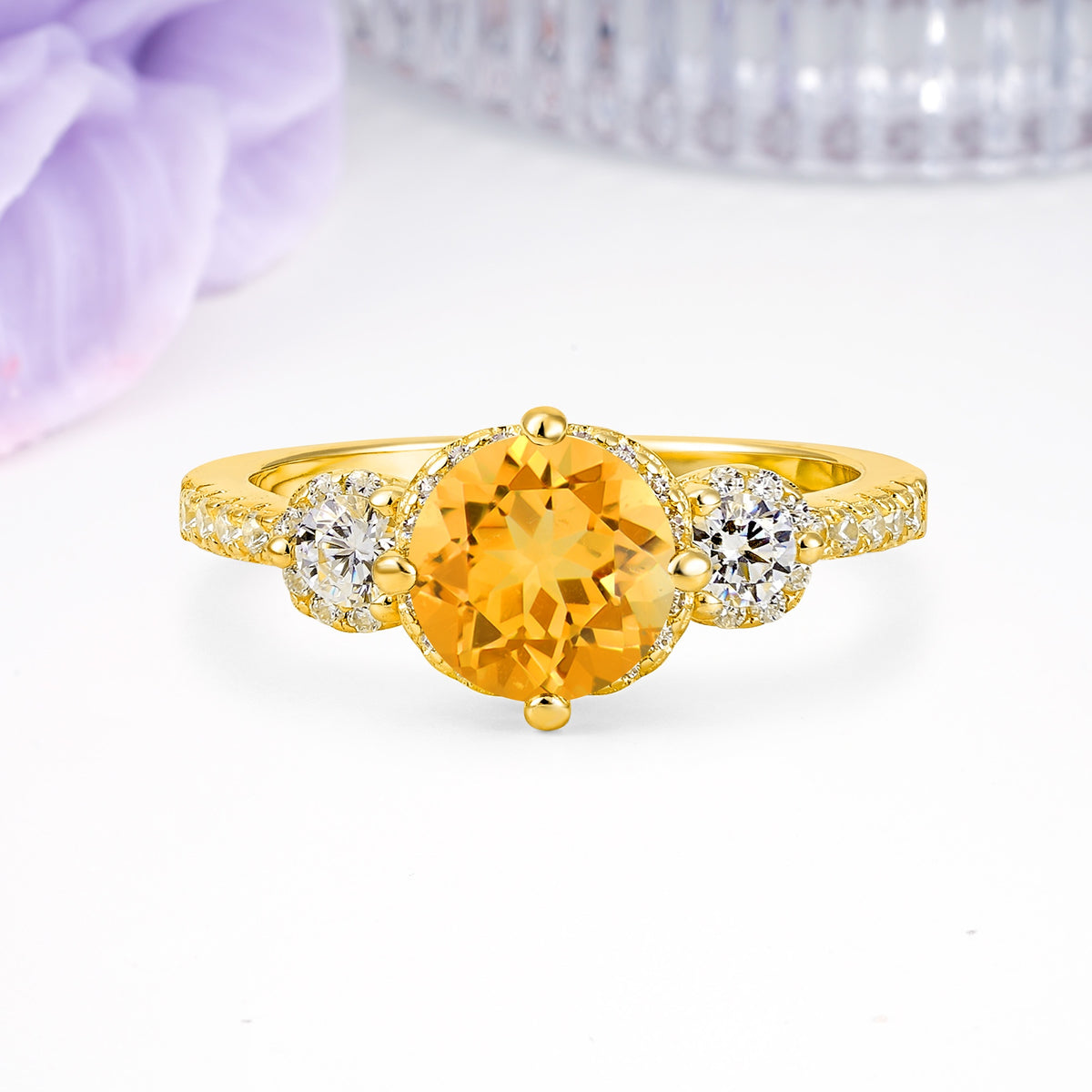 Luxurious and Dazzling 4 Prong Round Cut Citrine Engagement Ring - Additional view