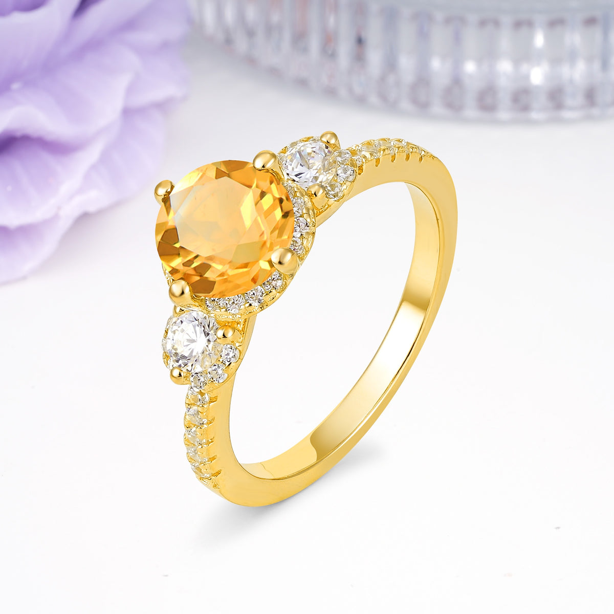 Luxurious and Dazzling 4 Prong Round Cut Citrine Engagement Ring - Additional view