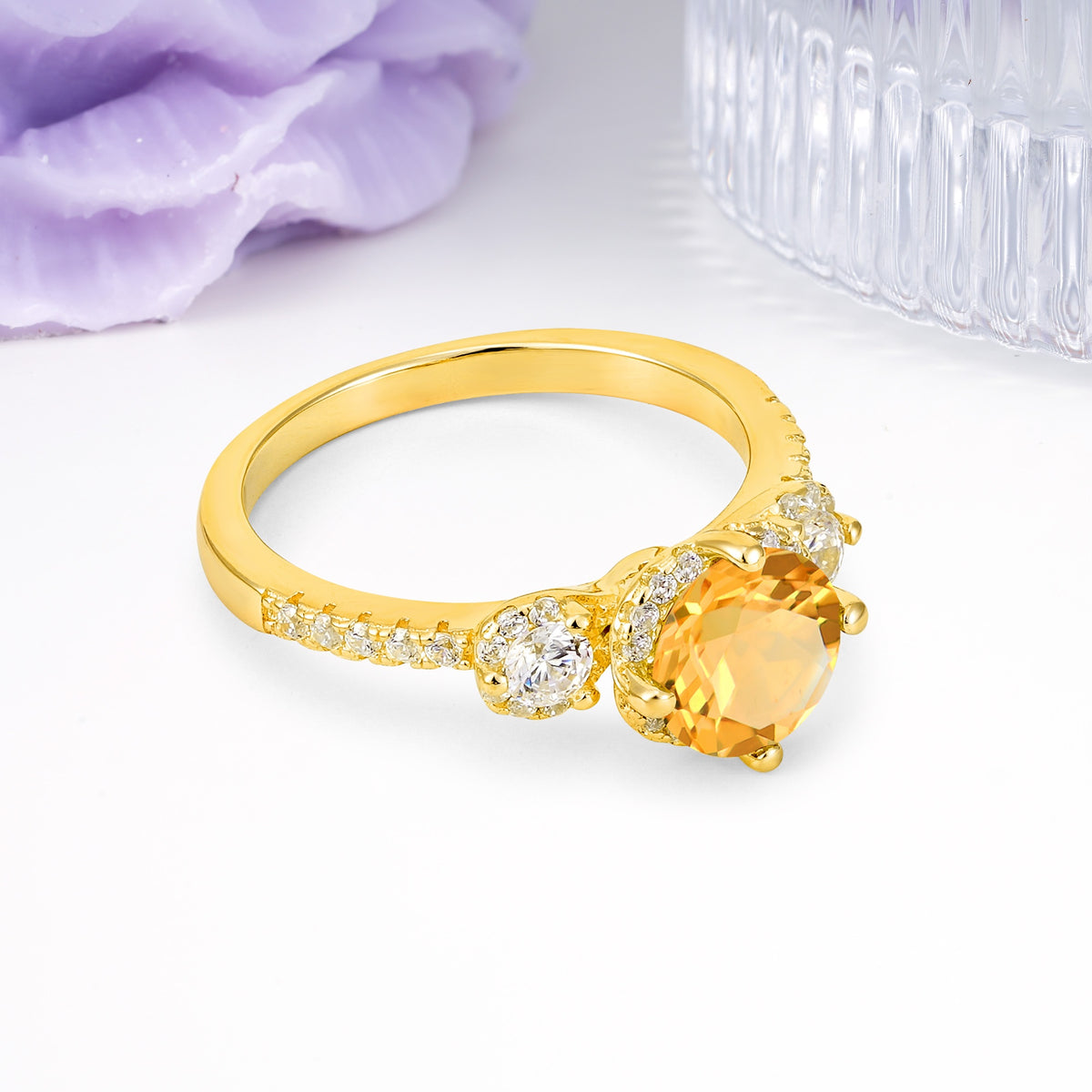 Luxurious and Dazzling 4 Prong Round Cut Citrine Engagement Ring - Additional view