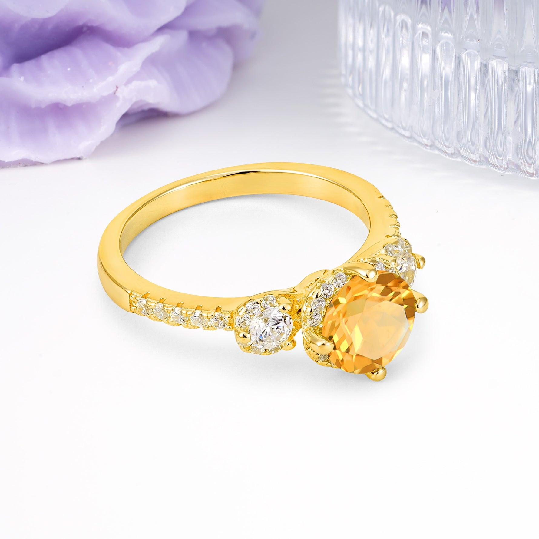 Luxurious and Dazzling 4 Prong Round Cut Citrine Engagement Ring - Additional view
