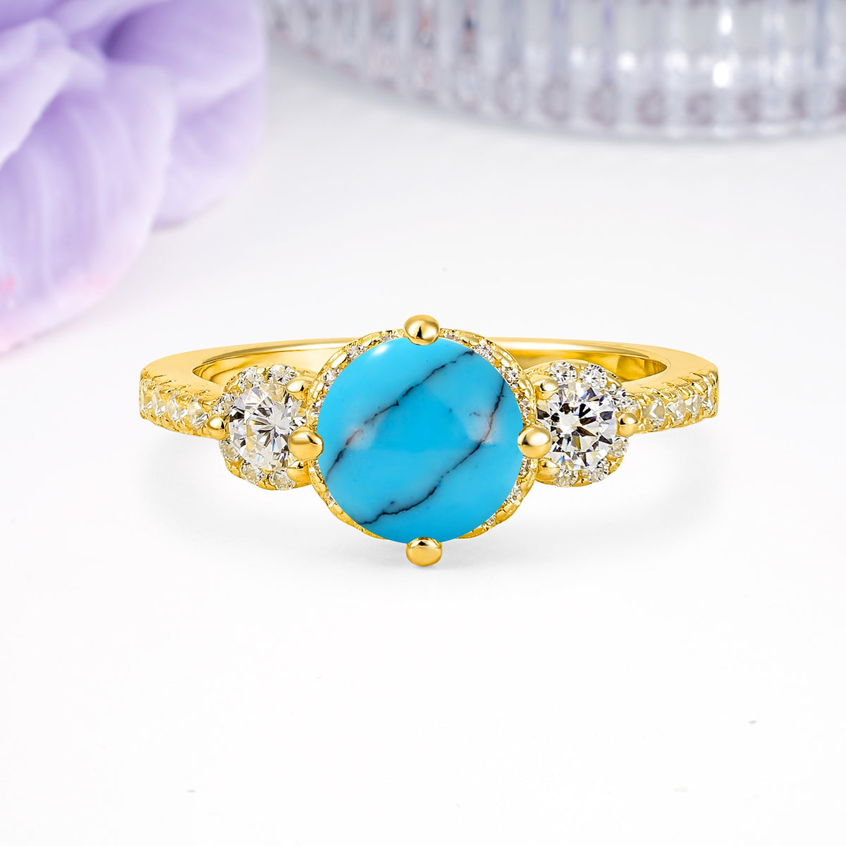 Luxurious and Dazzling 4 Prong Round Cut Turquoise Engagement Ring - Additional view