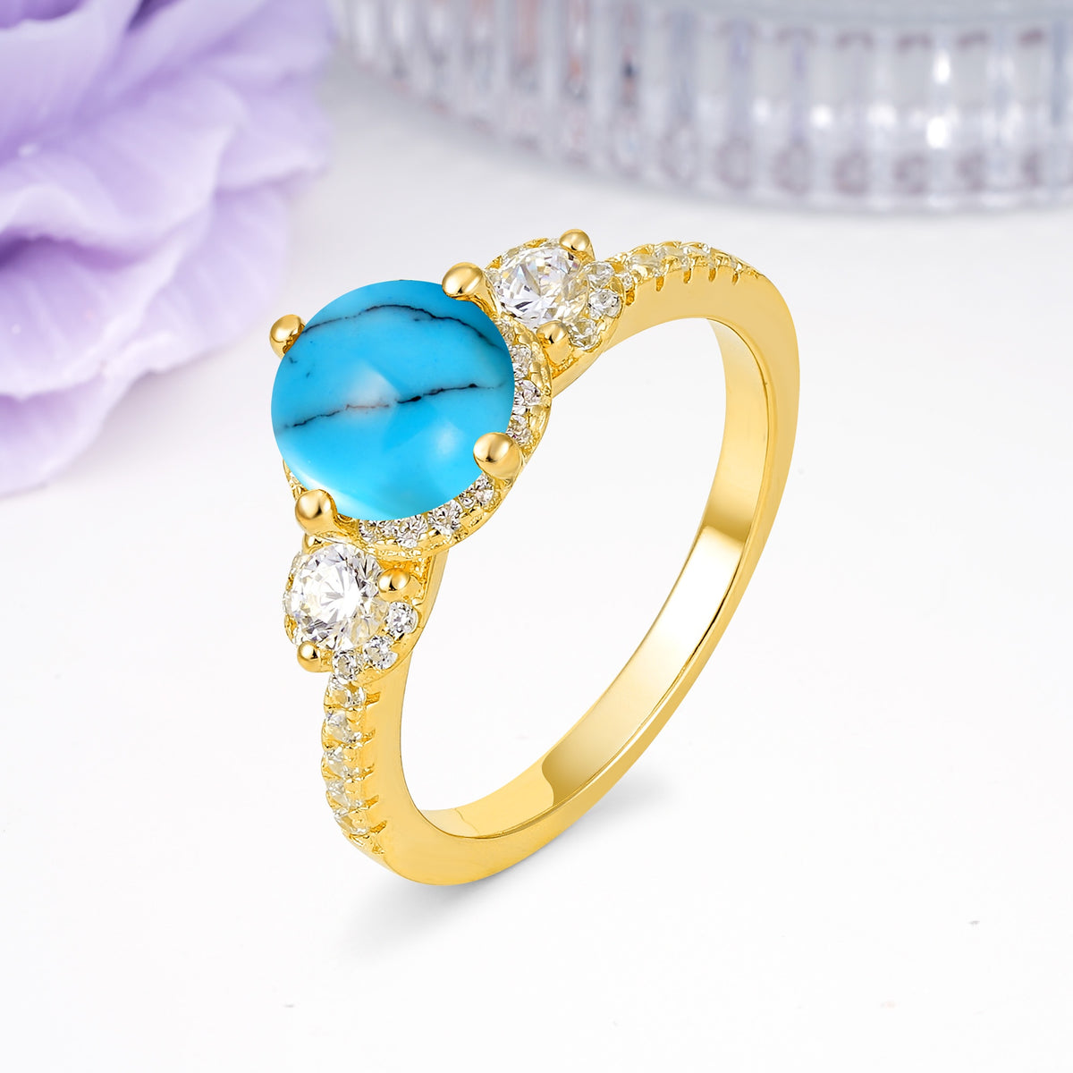Luxurious and Dazzling 4 Prong Round Cut Turquoise Engagement Ring - Additional view