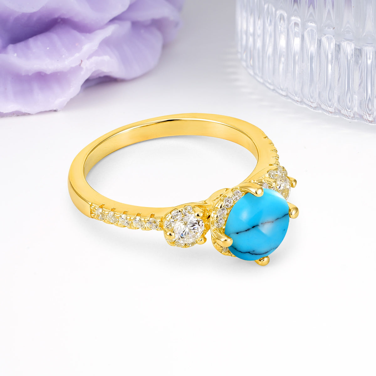 Luxurious and Dazzling 4 Prong Round Cut Turquoise Engagement Ring - Additional view