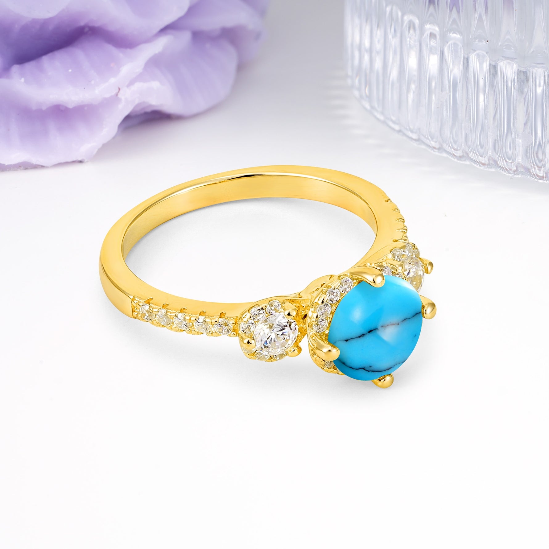 Luxurious and Dazzling 4 Prong Round Cut Turquoise Engagement Ring - Additional view