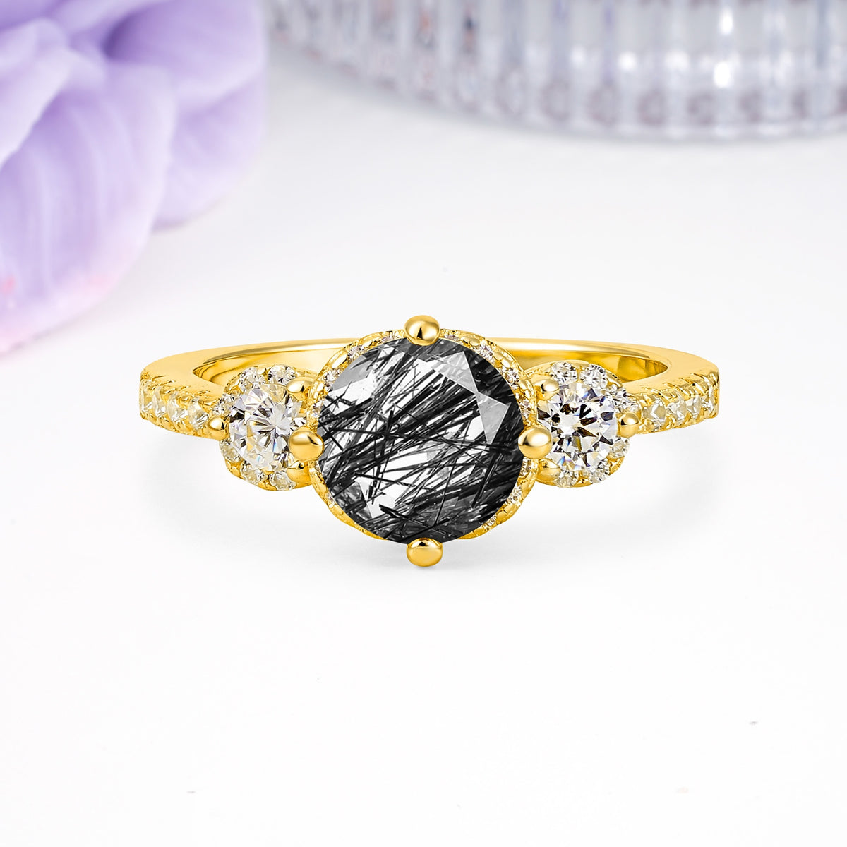 Luxurious and Dazzling 4 Prong Round Cut Black Rutilated Quartz Engagement Ring - Additional view