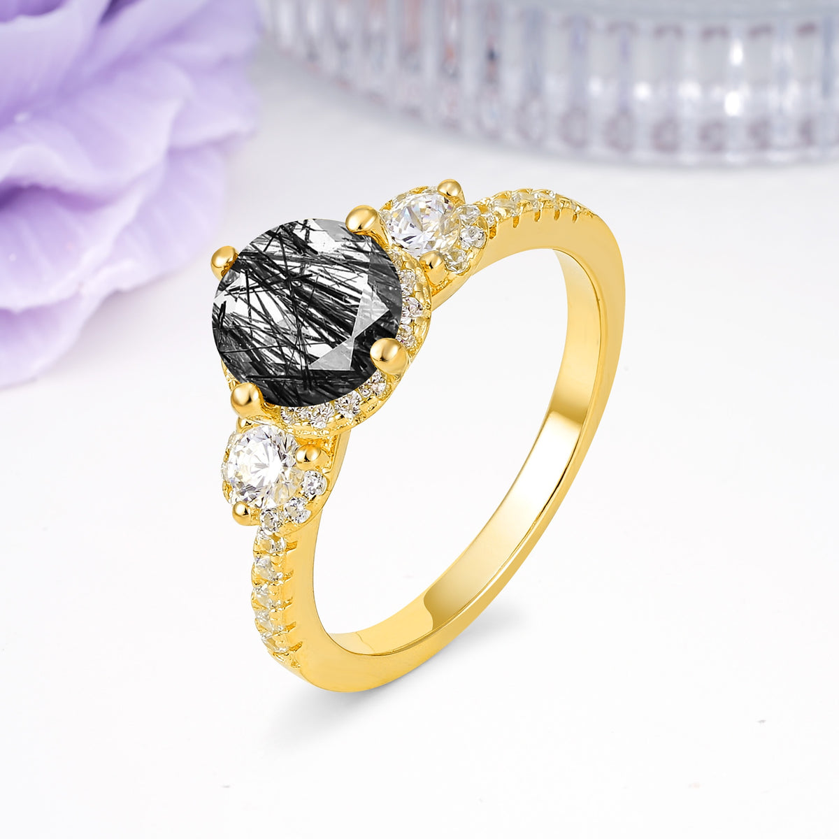 Luxurious and Dazzling 4 Prong Round Cut Black Rutilated Quartz Engagement Ring - Additional view
