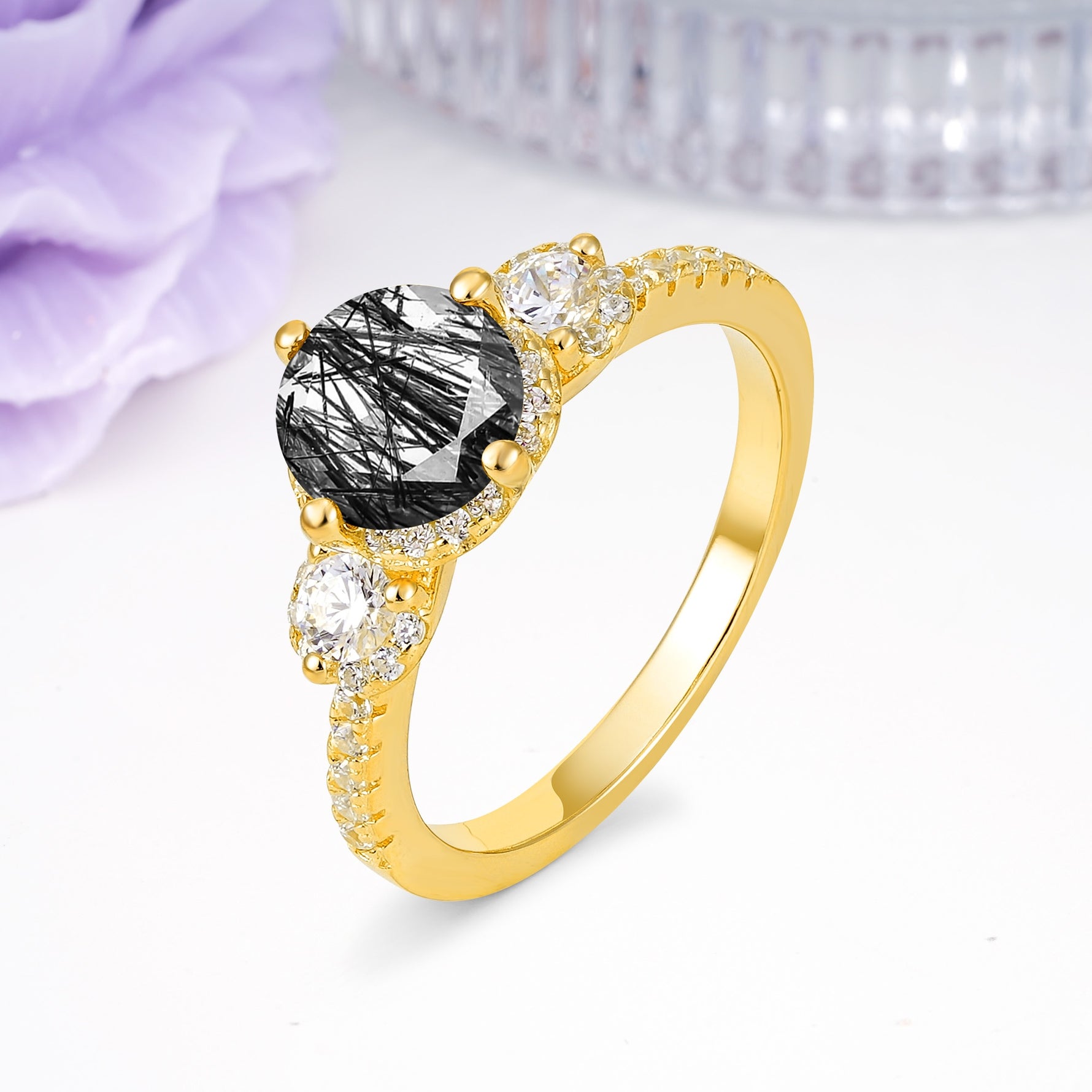 Luxurious and Dazzling 4 Prong Round Cut Black Rutilated Quartz Engagement Ring - Additional view