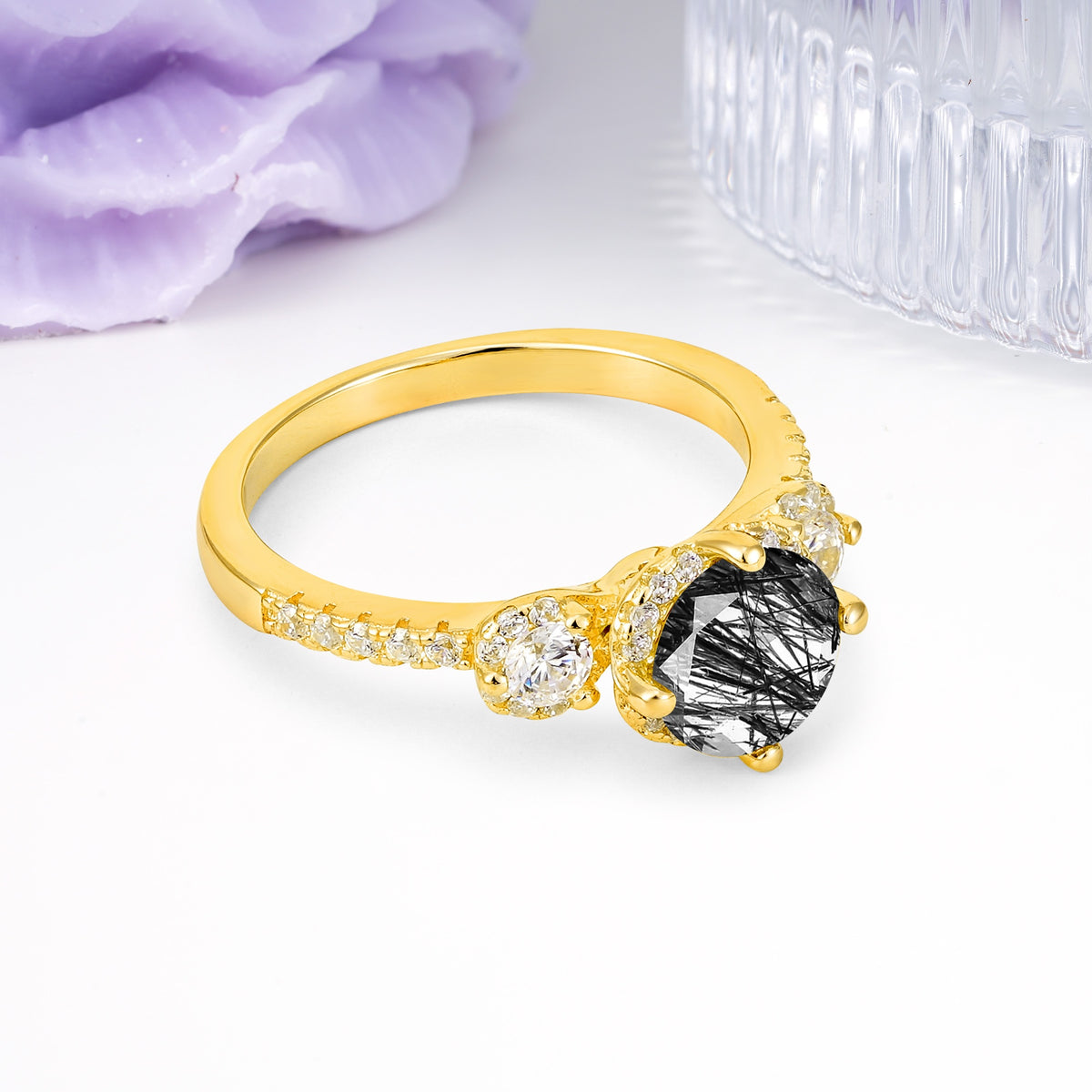 Luxurious and Dazzling 4 Prong Round Cut Black Rutilated Quartz Engagement Ring - Additional view