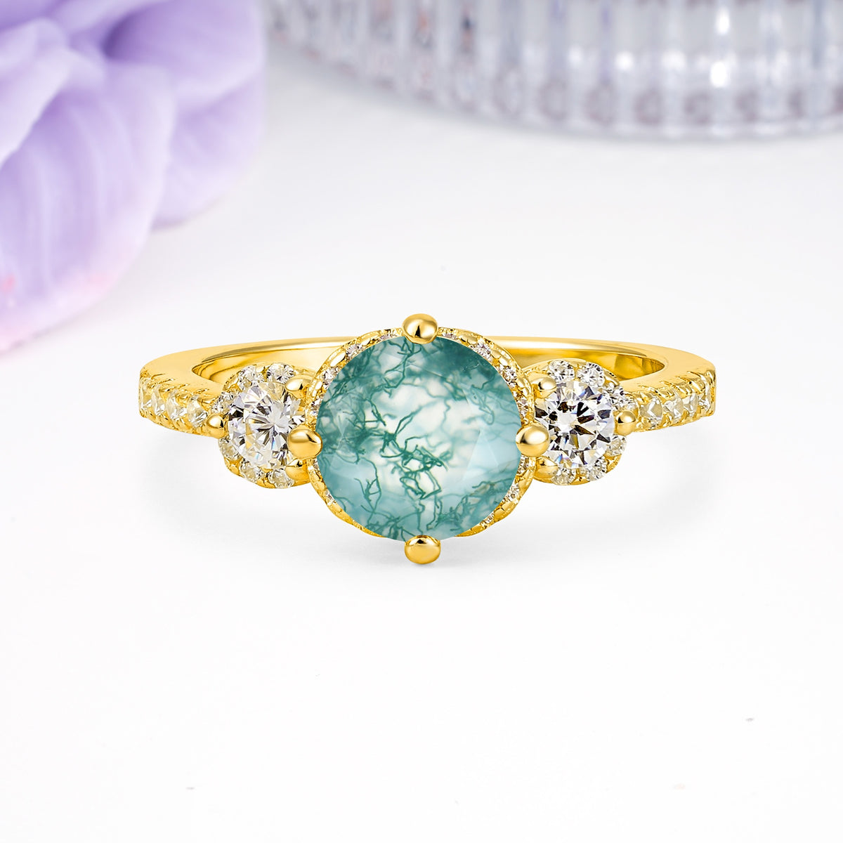 Luxurious and Dazzling 4 Prong Round Cut Moss Agate Engagement Ring - Additional view