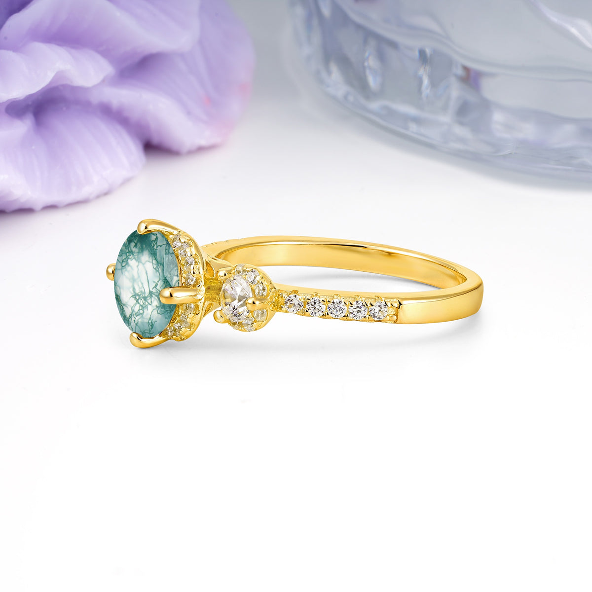Luxurious and Dazzling 4 Prong Round Cut Moss Agate Engagement Ring - Additional view