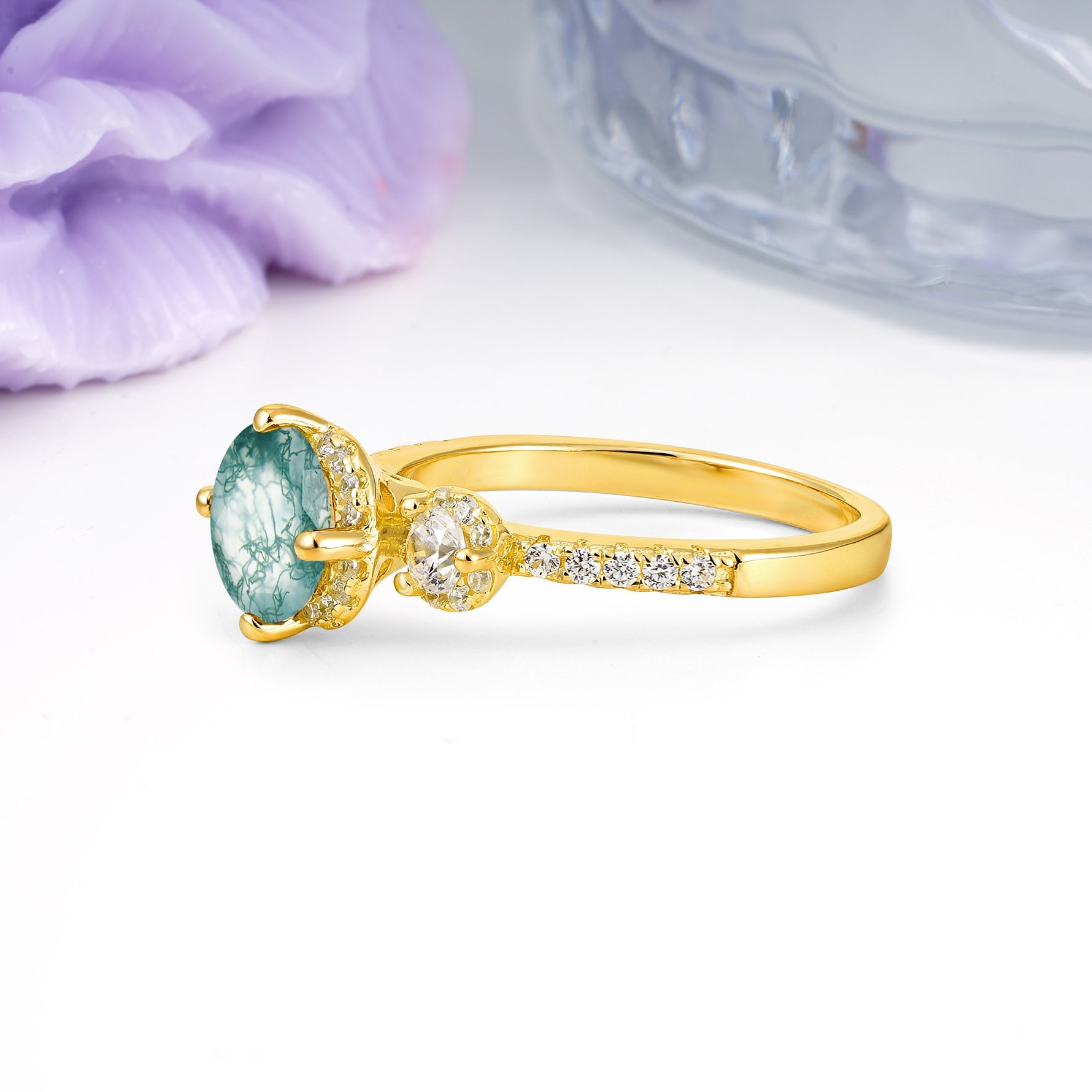 Luxurious and Dazzling 4 Prong Round Cut Moss Agate Engagement Ring - Additional view