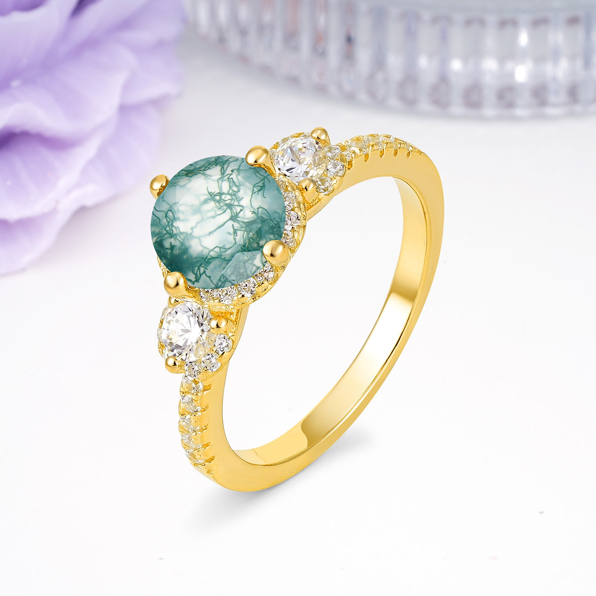 Luxurious and Dazzling 4 Prong Round Cut Moss Agate Engagement Ring - Additional view