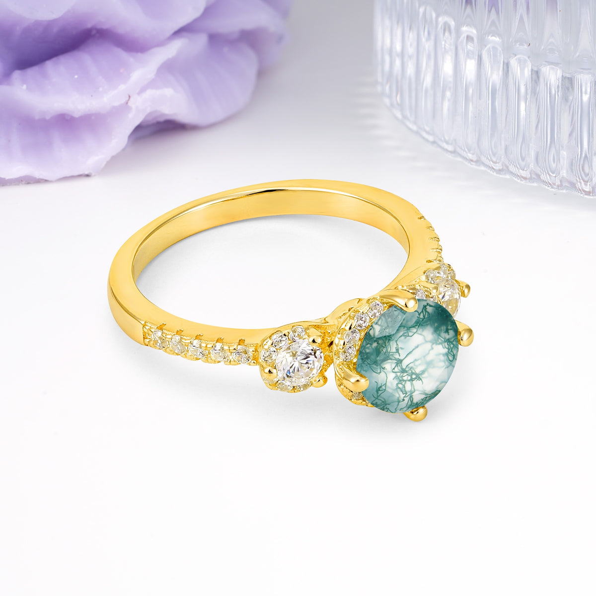 Luxurious and Dazzling 4 Prong Round Cut Moss Agate Engagement Ring - Additional view