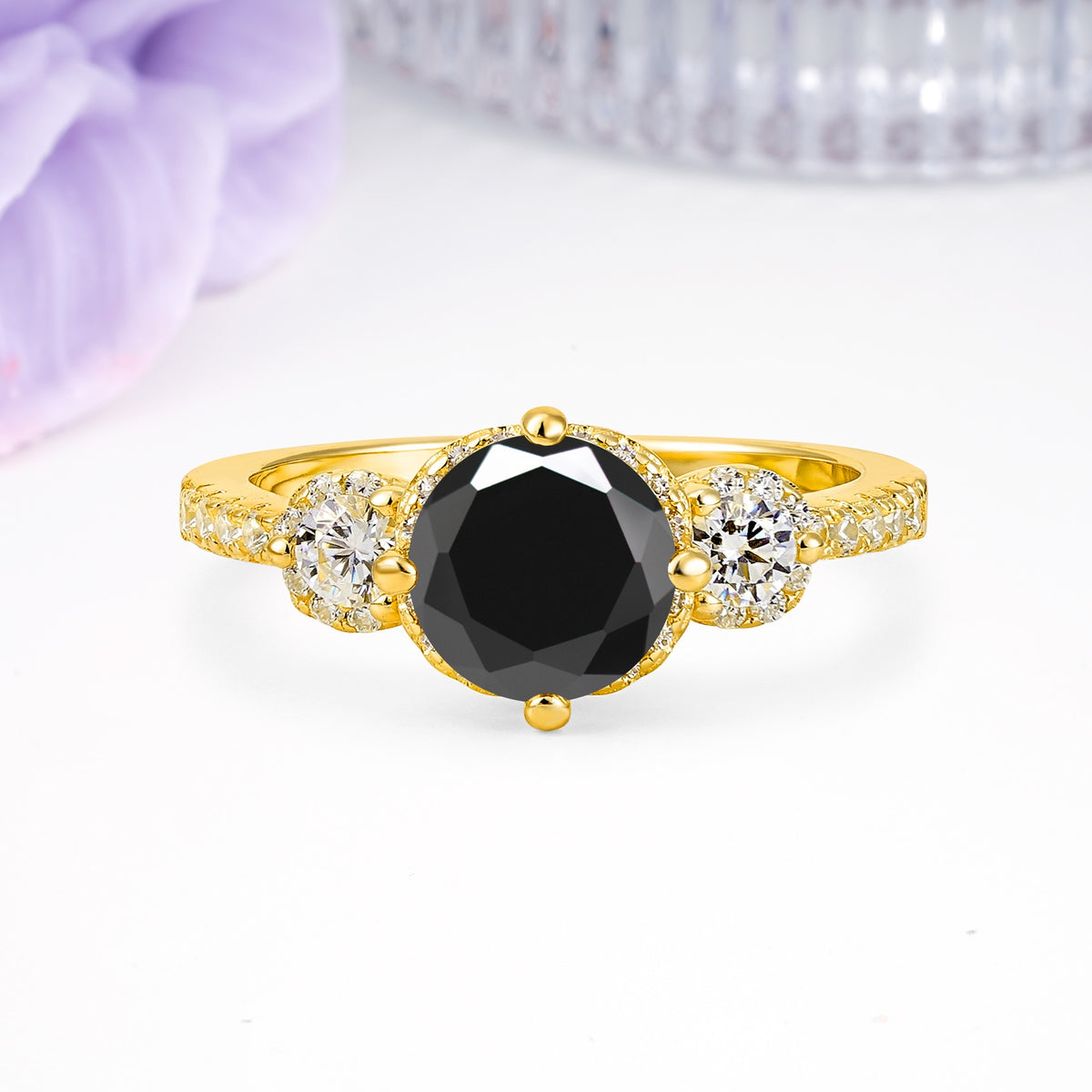 Luxurious and Dazzling 4 Prong Round Cut Black Onyx Engagement Ring - Additional view