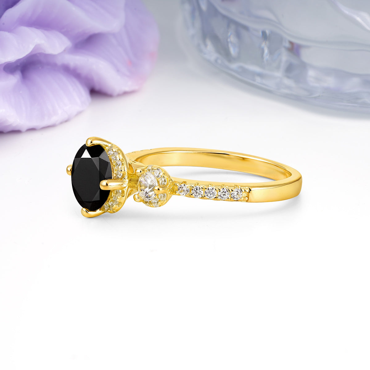 Luxurious and Dazzling 4 Prong Round Cut Black Onyx Engagement Ring - Additional view