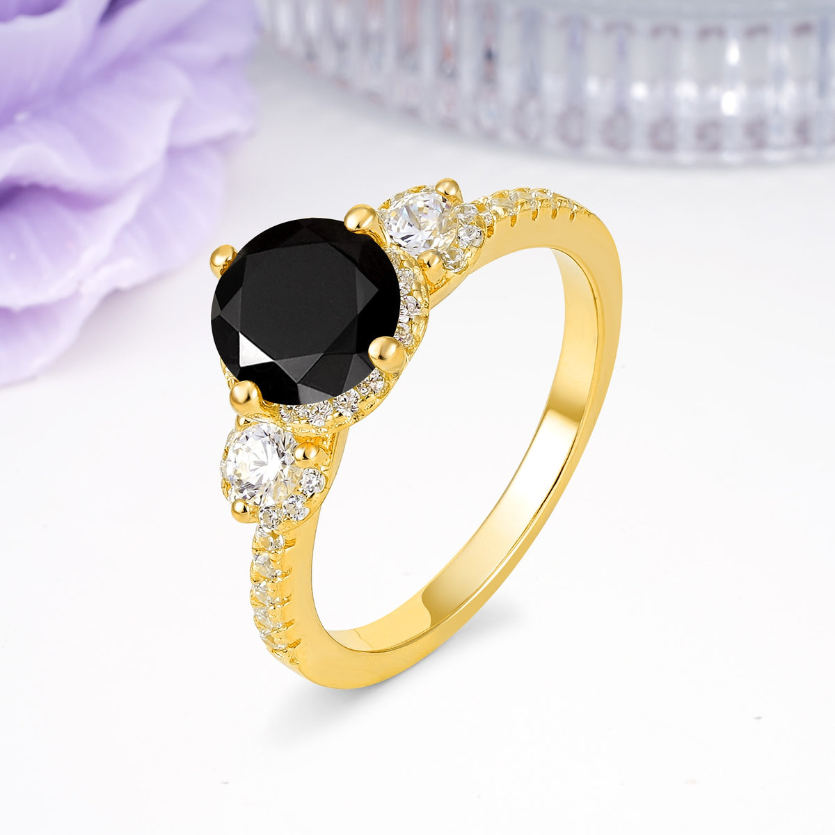 Luxurious and Dazzling 4 Prong Round Cut Black Onyx Engagement Ring - Additional view
