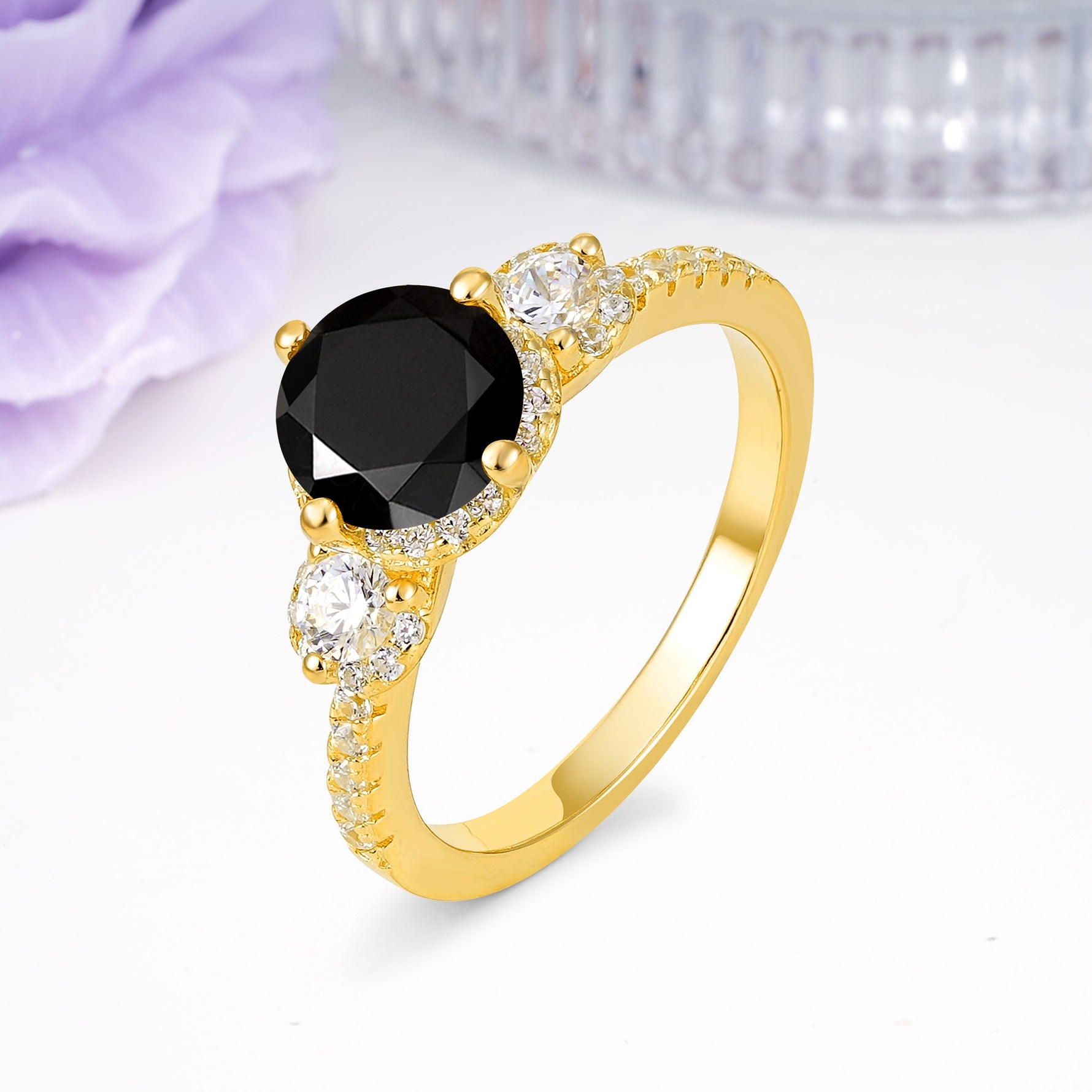 Luxurious and Dazzling 4 Prong Round Cut Black Onyx Engagement Ring - Additional view