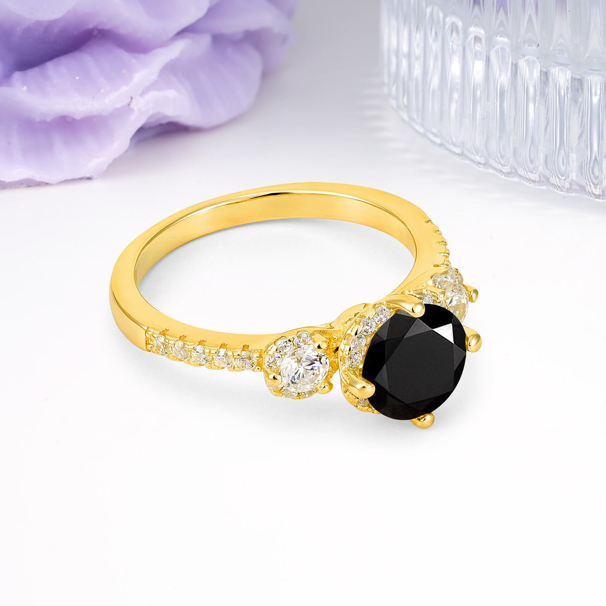 Luxurious and Dazzling 4 Prong Round Cut Black Onyx Engagement Ring - Additional view