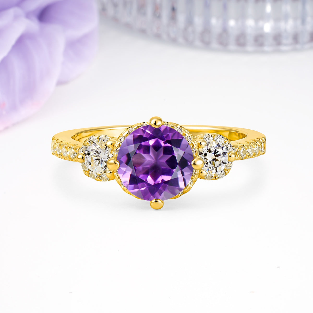 Luxurious and Dazzling 4 Prong Round Cut Amethyst Engagement Ring - Additional view