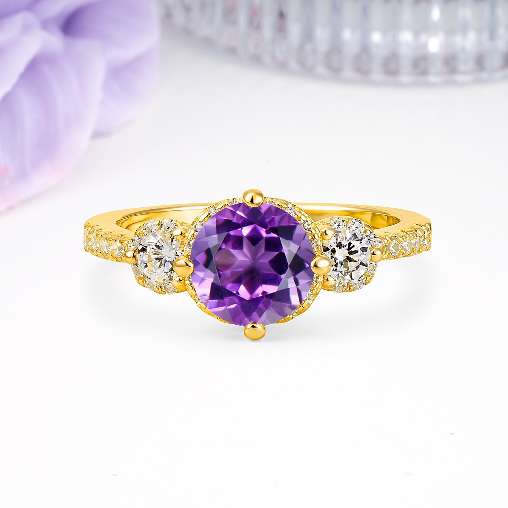 Luxurious and Dazzling 4 Prong Round Cut Amethyst Engagement Ring - Additional view