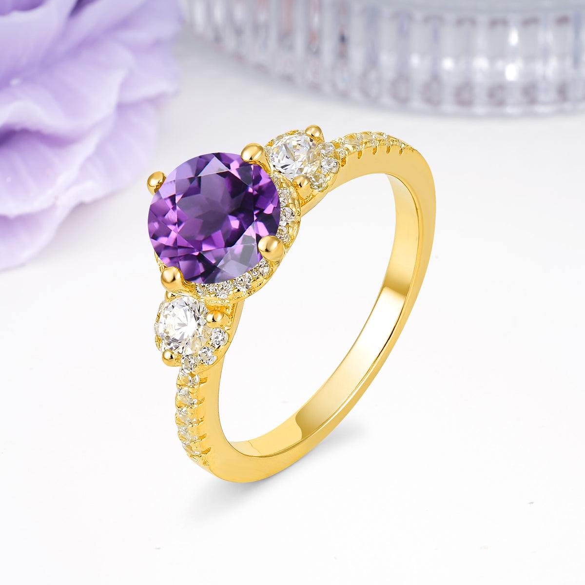 Luxurious and Dazzling 4 Prong Round Cut Amethyst Engagement Ring - Additional view