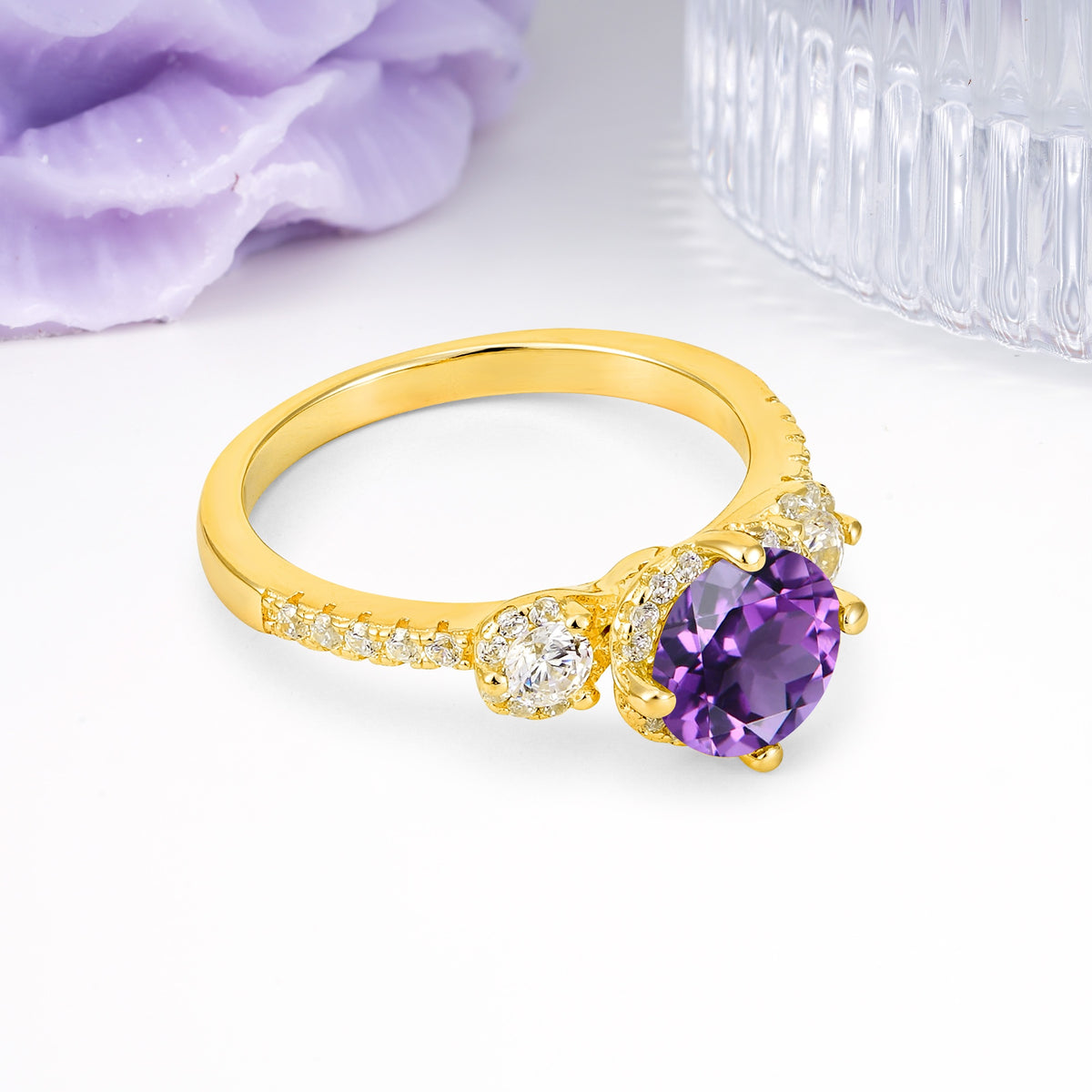 Luxurious and Dazzling 4 Prong Round Cut Amethyst Engagement Ring - Additional view