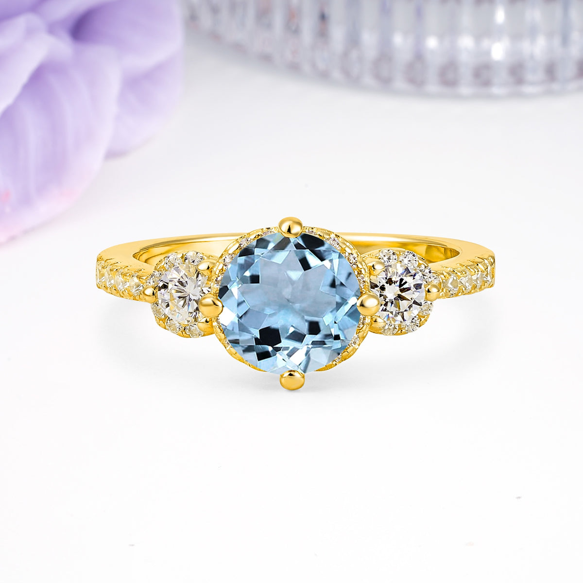 Luxurious and Dazzling 4 Prong Round Cut Aquamarine Engagement Ring - Additional view