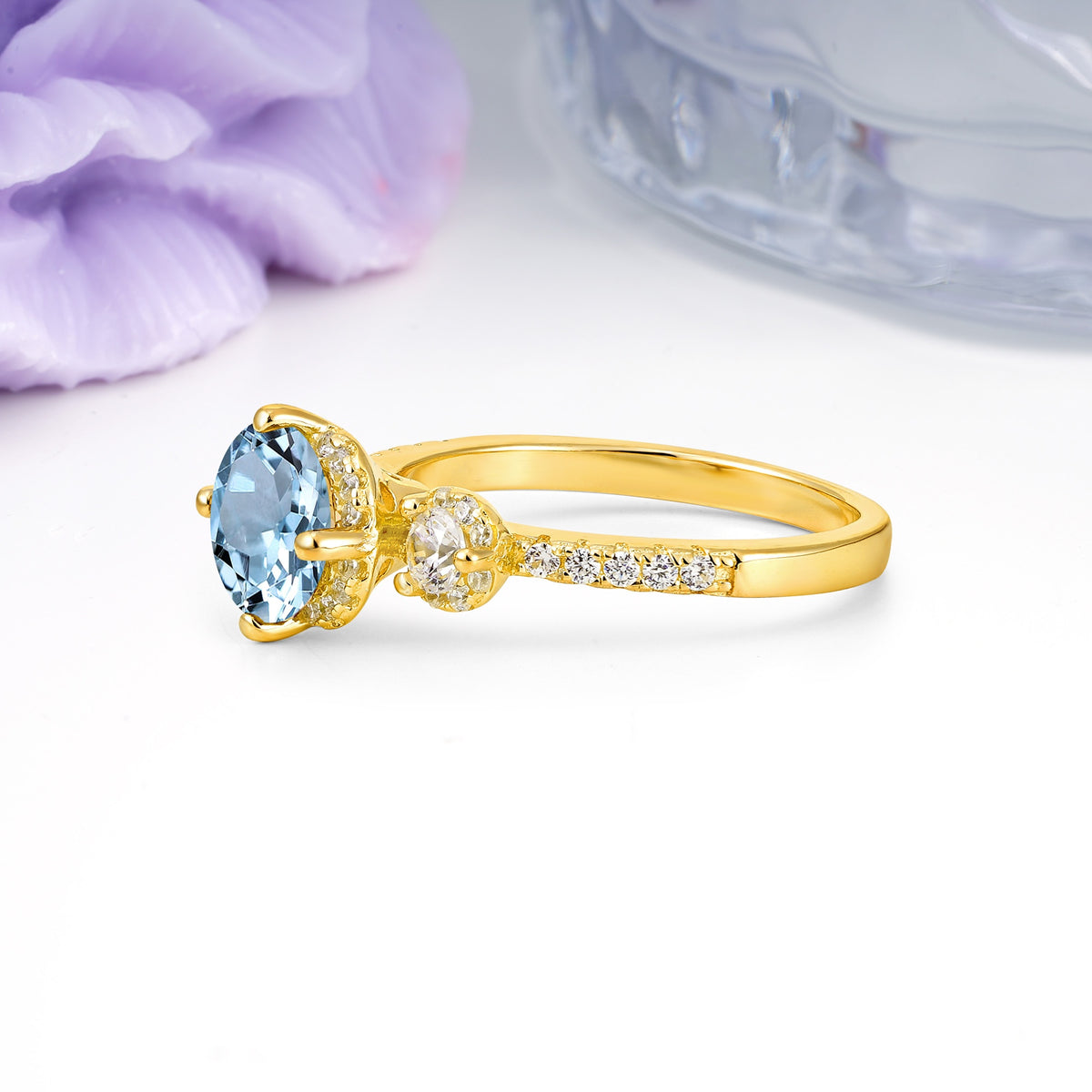 Luxurious and Dazzling 4 Prong Round Cut Aquamarine Engagement Ring - Additional view