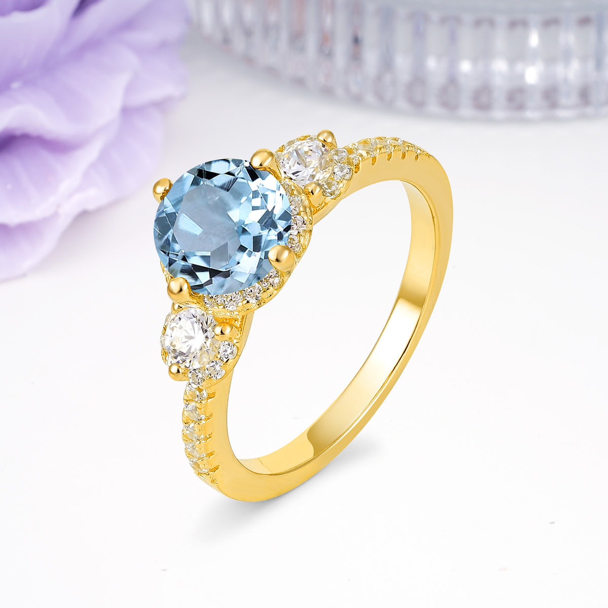 Luxurious and Dazzling 4 Prong Round Cut Aquamarine Engagement Ring - Additional view