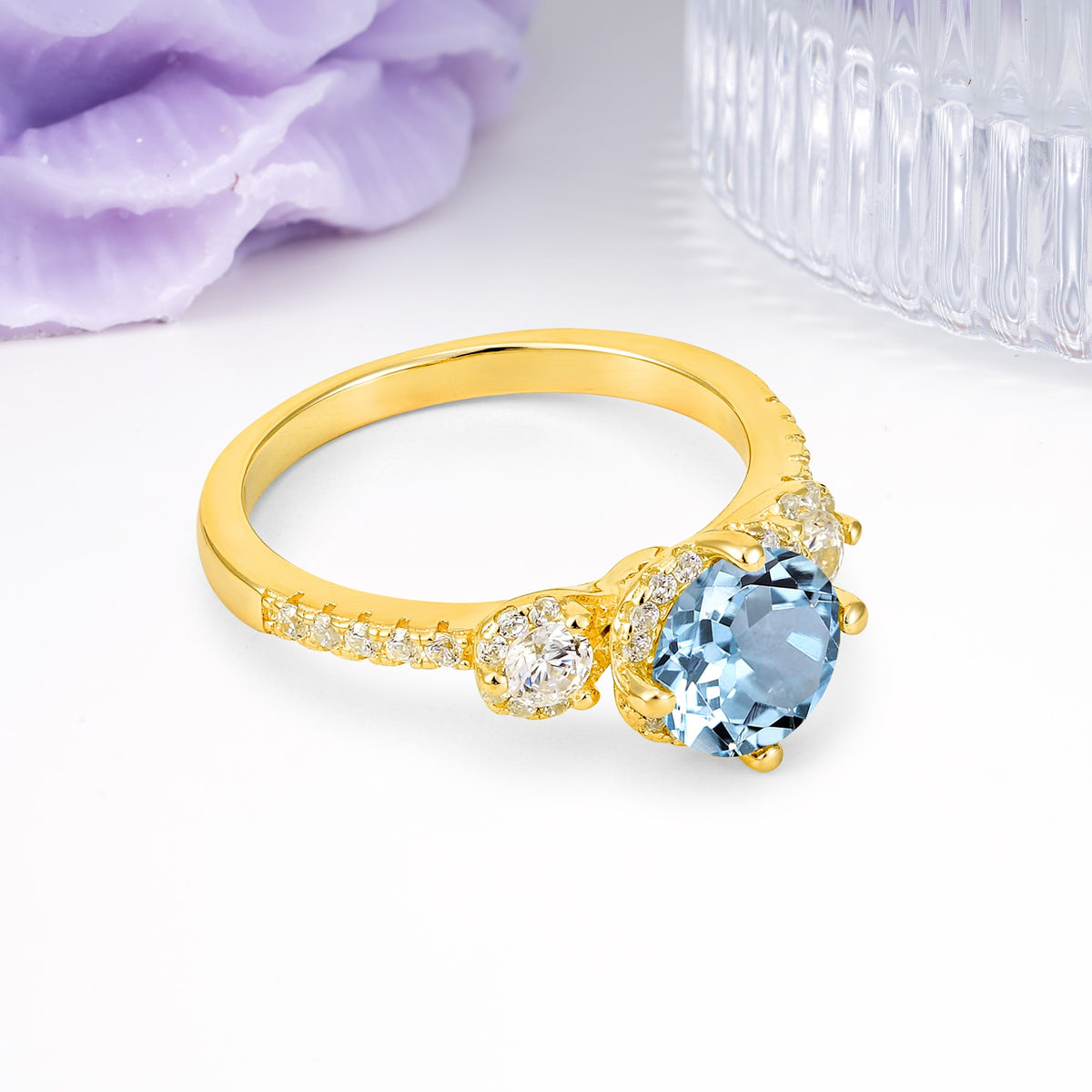 Luxurious and Dazzling 4 Prong Round Cut Aquamarine Engagement Ring - Additional view