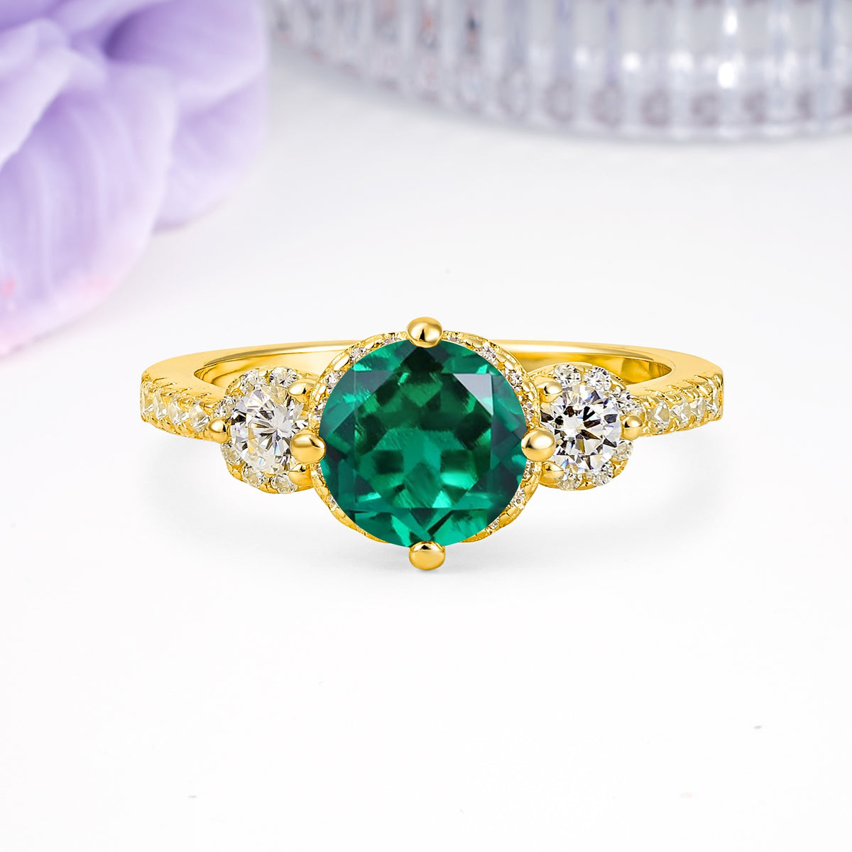 Luxurious and Dazzling 4 Prong Round Cut Emerald Engagement Ring - Additional view