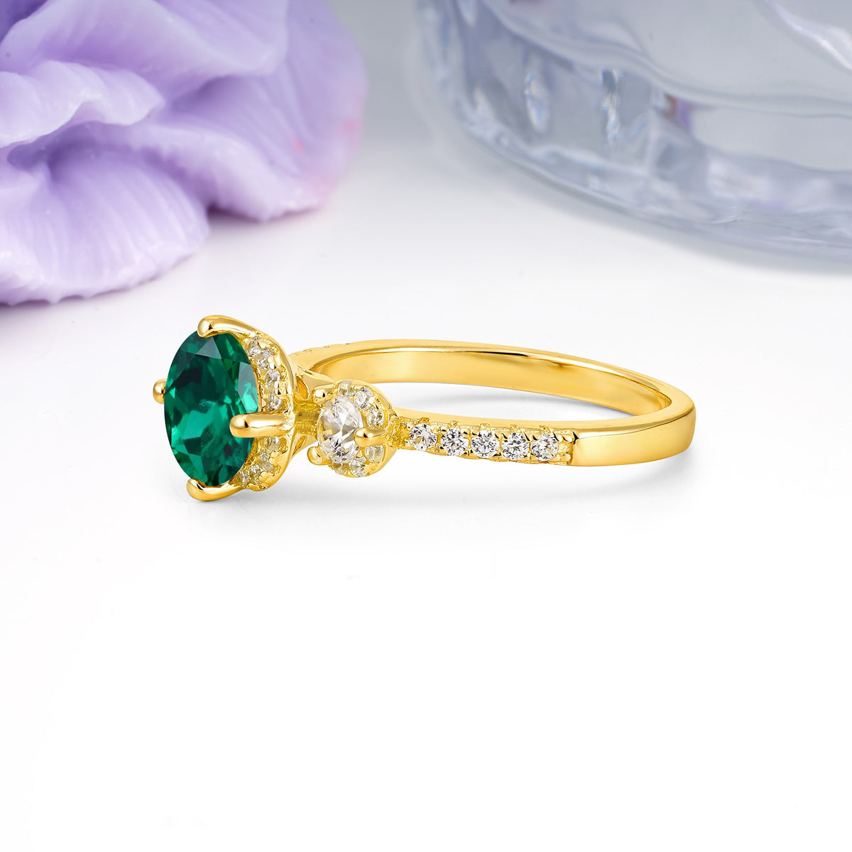Luxurious and Dazzling 4 Prong Round Cut Emerald Engagement Ring - Additional view