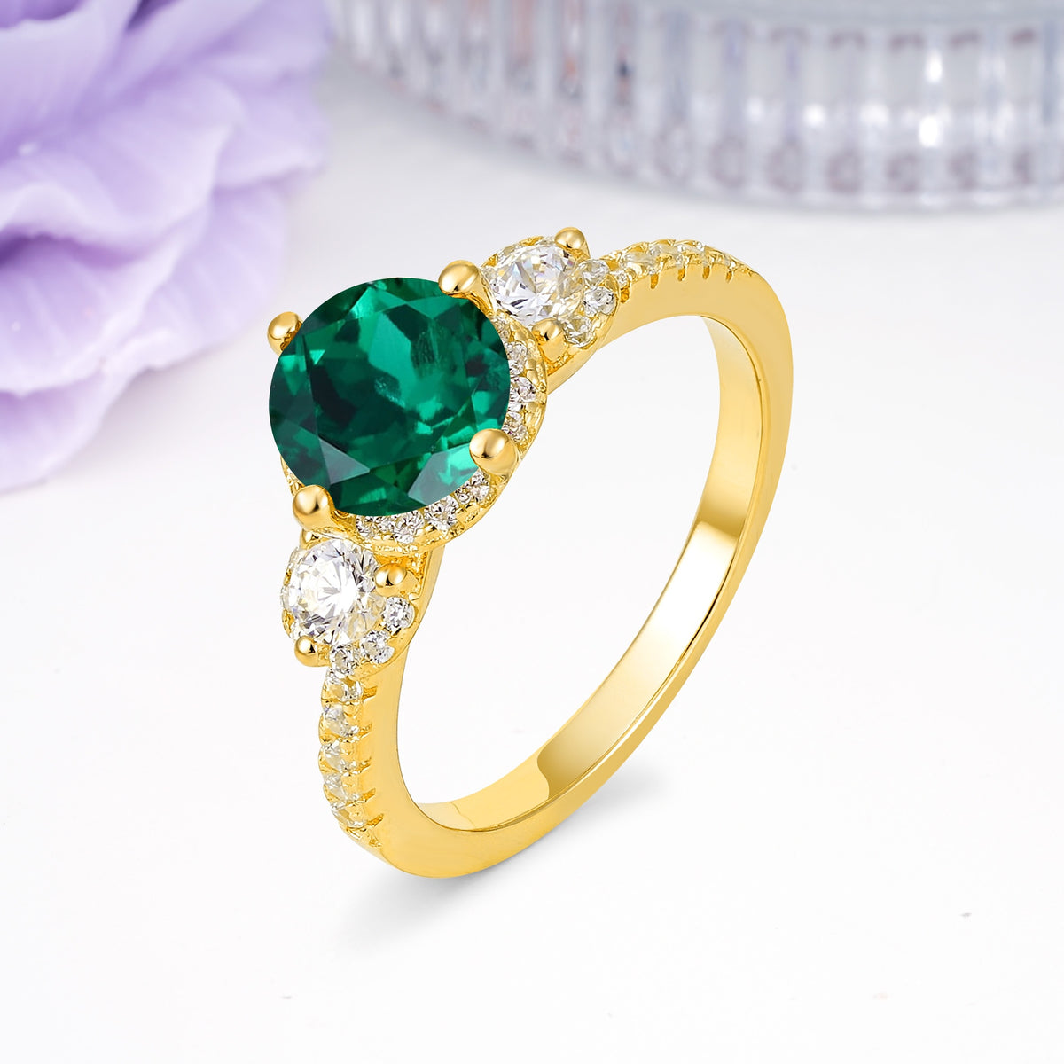 Luxurious and Dazzling 4 Prong Round Cut Emerald Engagement Ring - Additional view